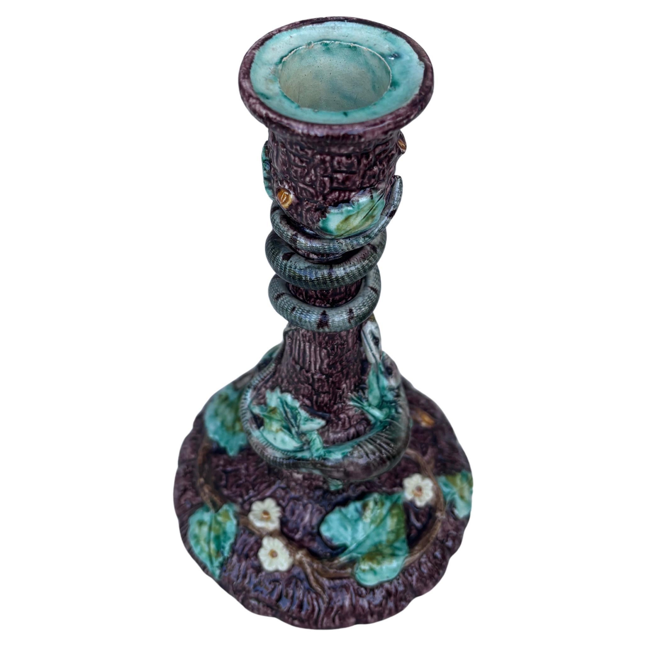 Victorian 19th Century Majolica Palissy Snake & Lizard Candelstick Thomas Sergent For Sale