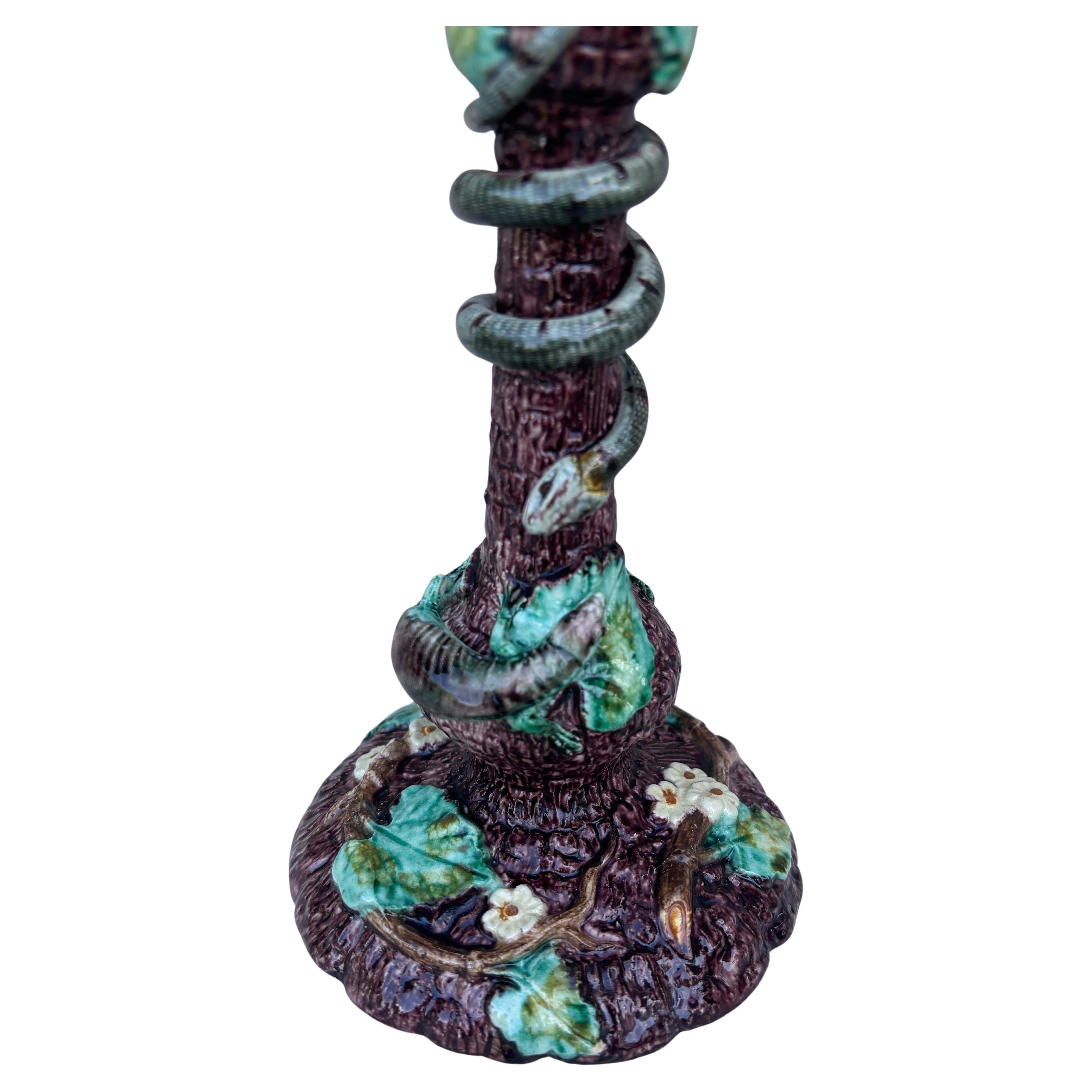 French 19th Century Majolica Palissy Snake & Lizard Candelstick Thomas Sergent For Sale