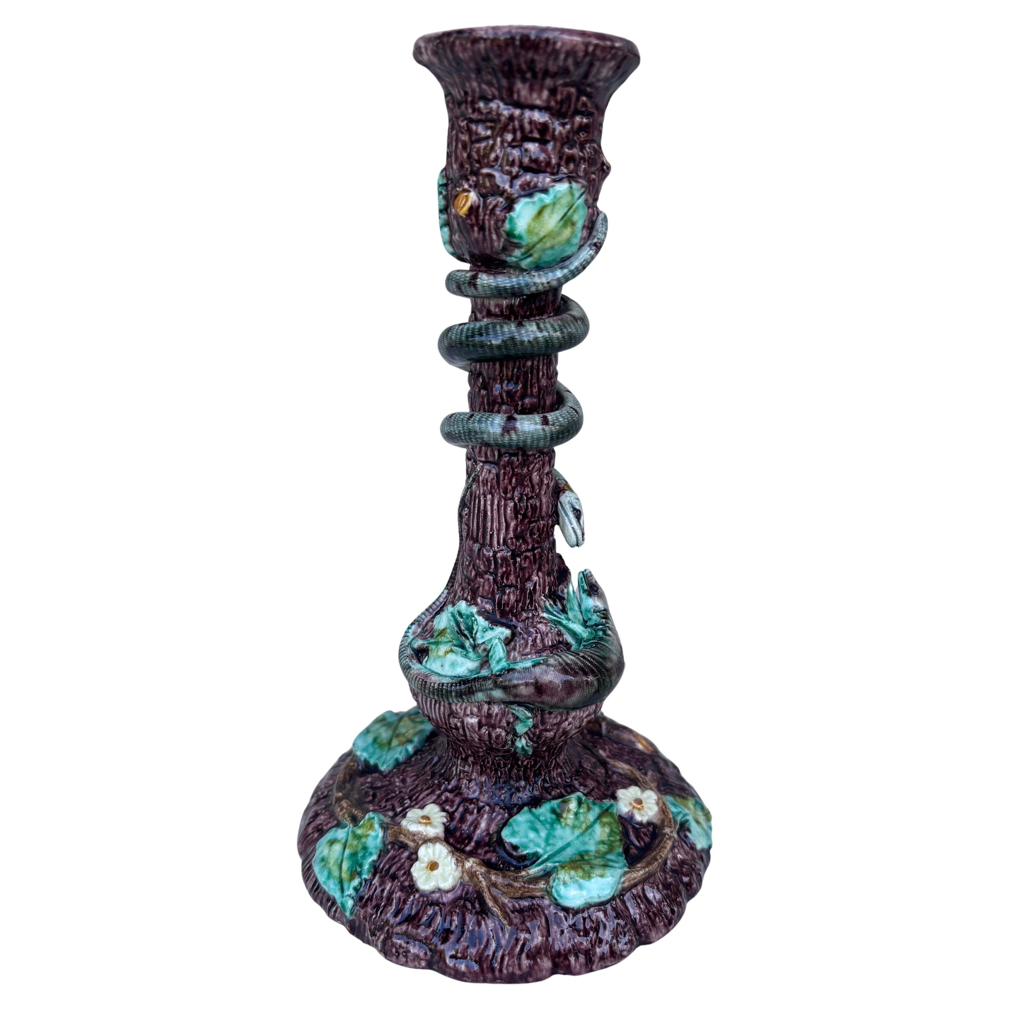 19th Century Majolica Palissy Snake & Lizard Candelstick Thomas Sergent In Good Condition For Sale In Austin, TX