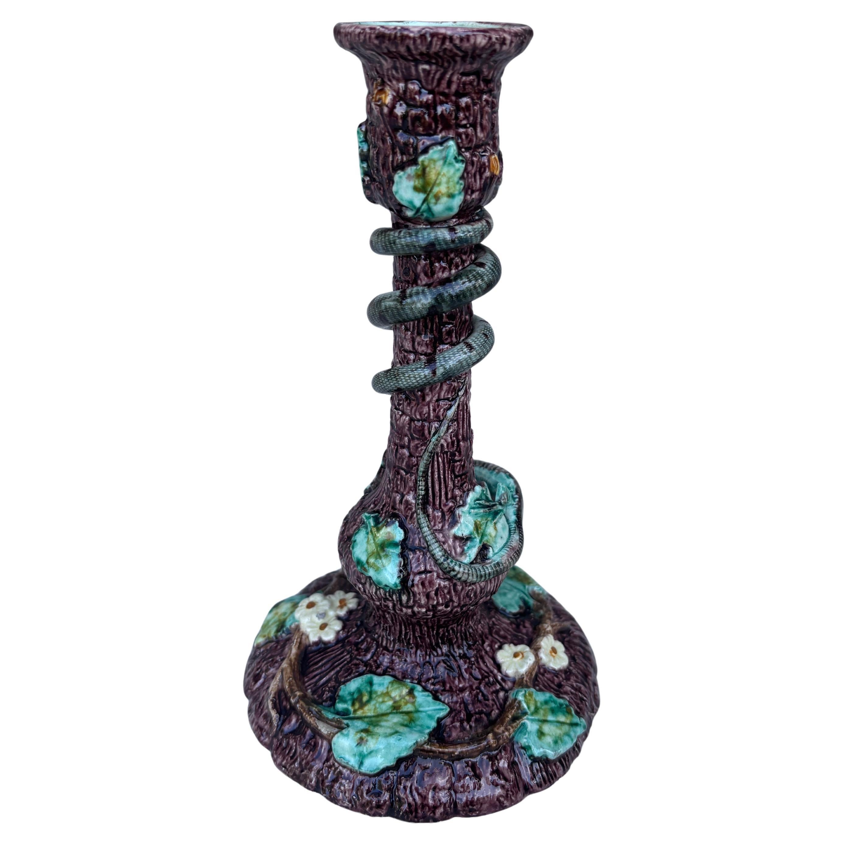 19th Century Majolica Palissy Snake & Lizard Candelstick Thomas Sergent