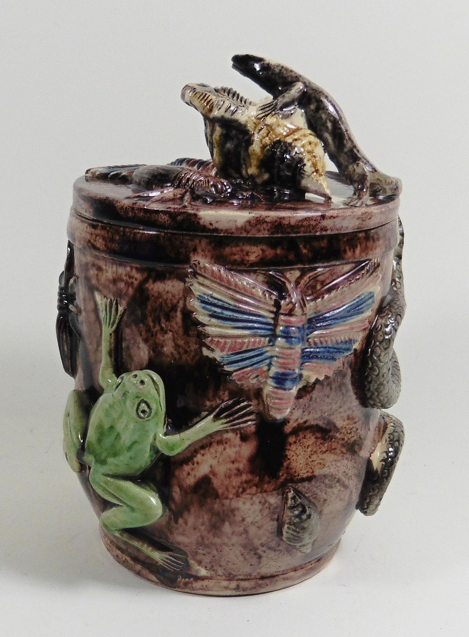 Ceramic 19th Century Majolica Palissy Tobacco Jar Thomas Sergent For Sale