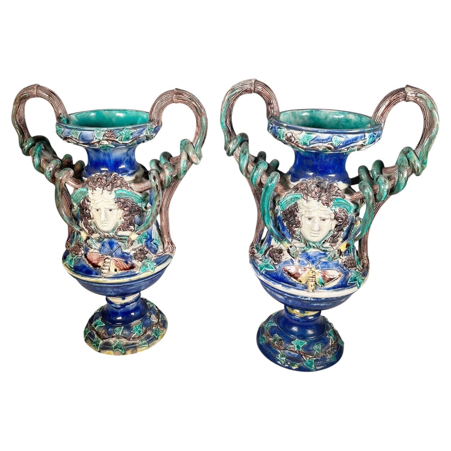 19th Century Majolica Palissy Vases For Sale