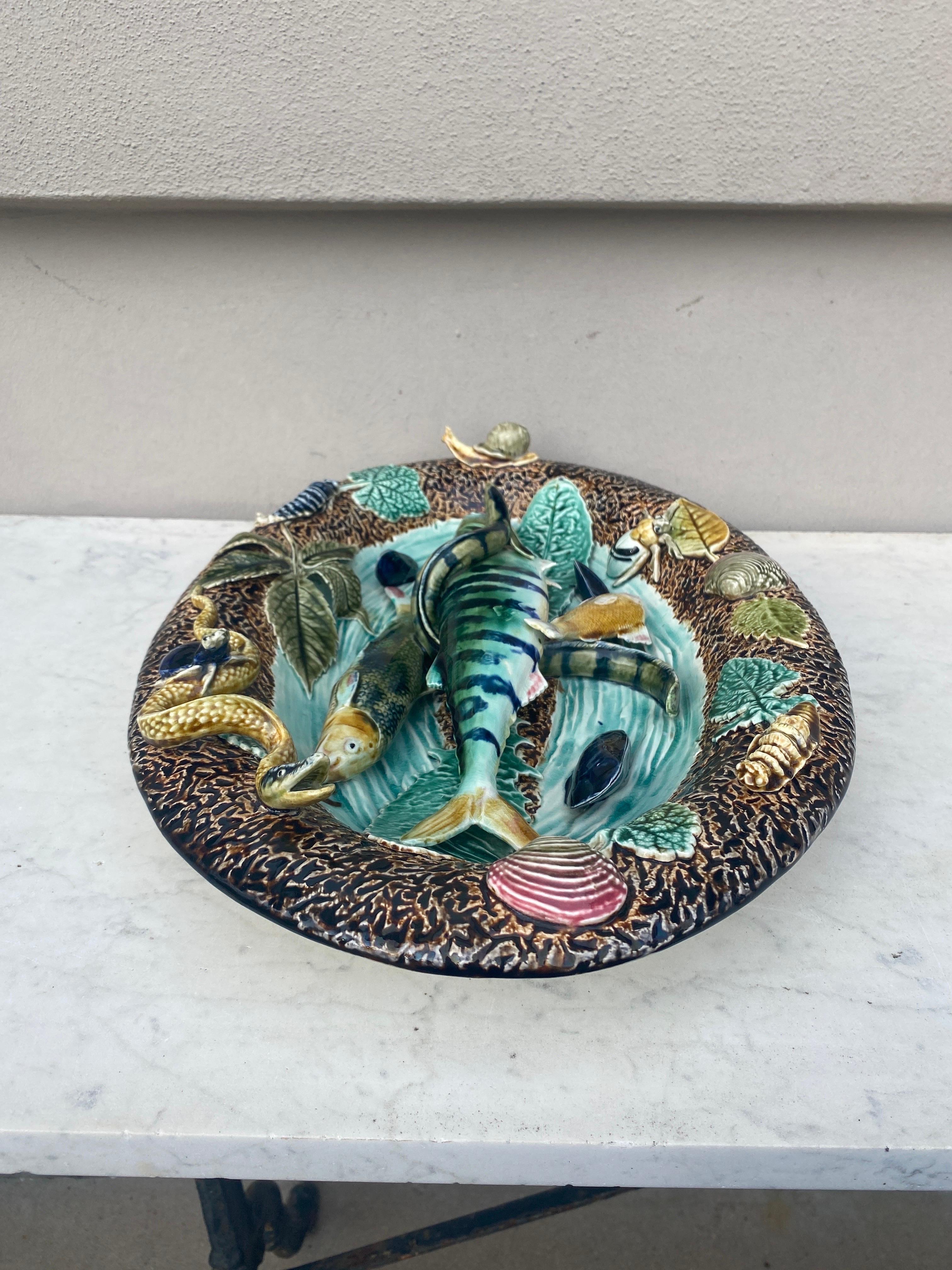 Colorful Palissy wall platter signed Hippolyte Boulenger Choisy le Roi, circa 1880. 
Decorated with fishs,snake, snail,bugs,shells,mussel and leaves.