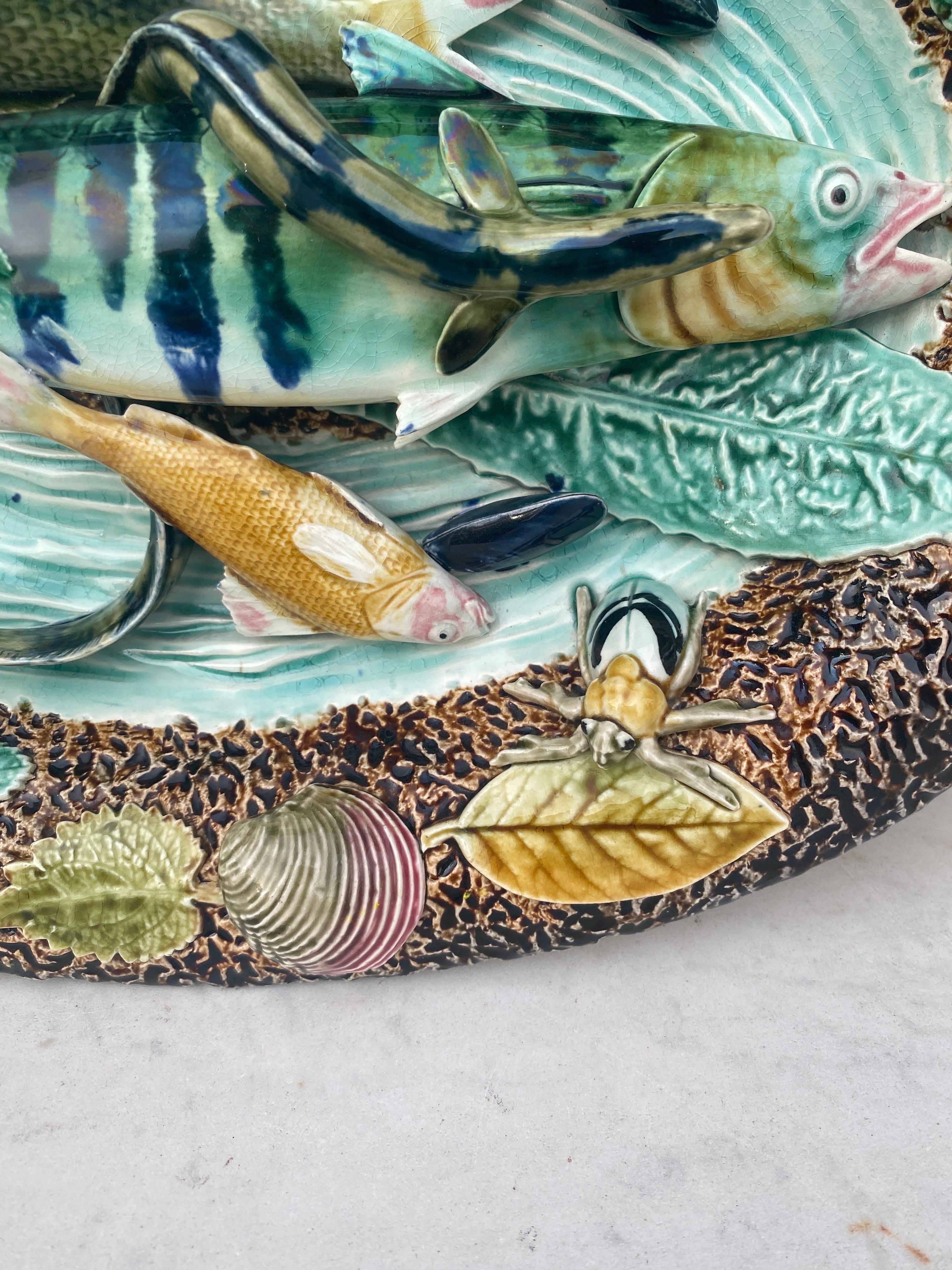 Victorian 19th Century Majolica Palissy Wall Fish Platter Choisy Le Roi For Sale