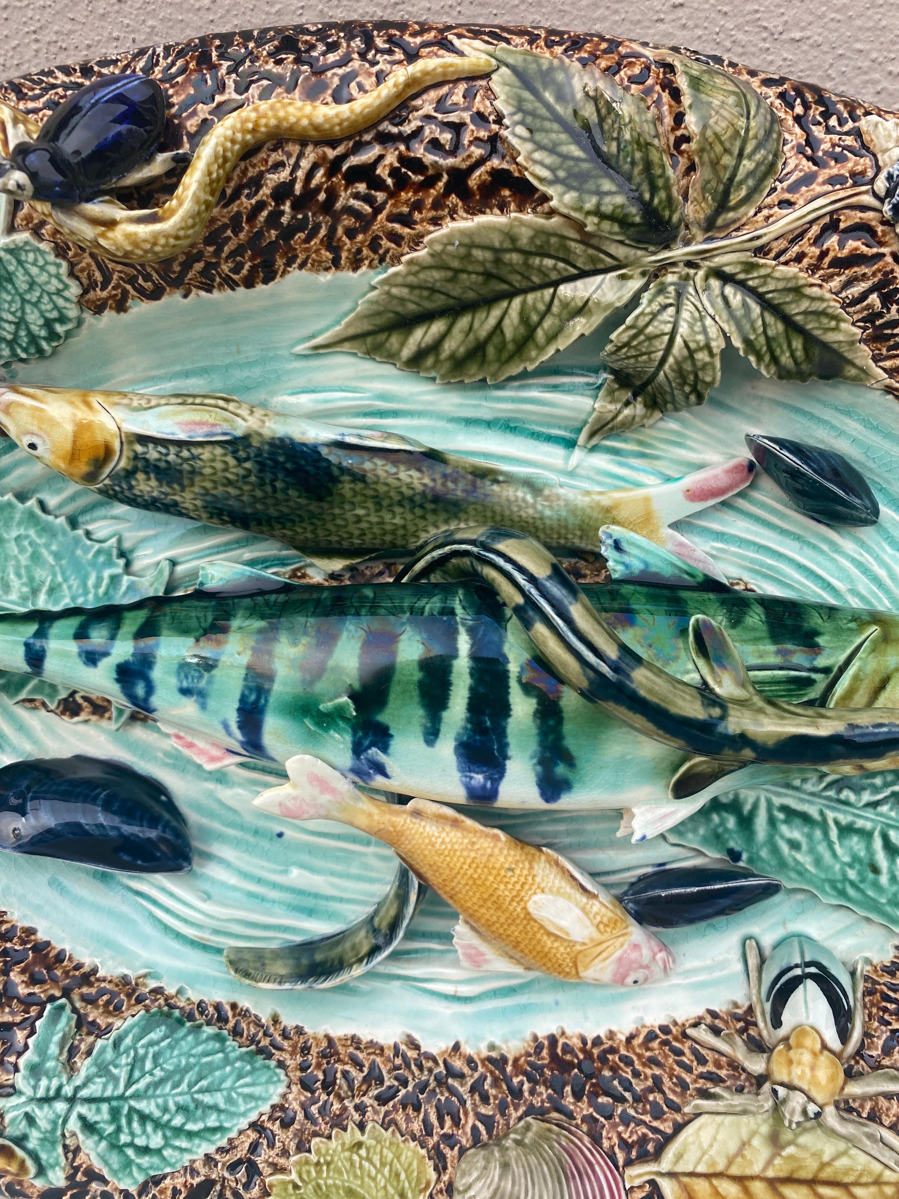 19th Century Majolica Palissy Wall Fish Platter Choisy Le Roi In Good Condition For Sale In Austin, TX