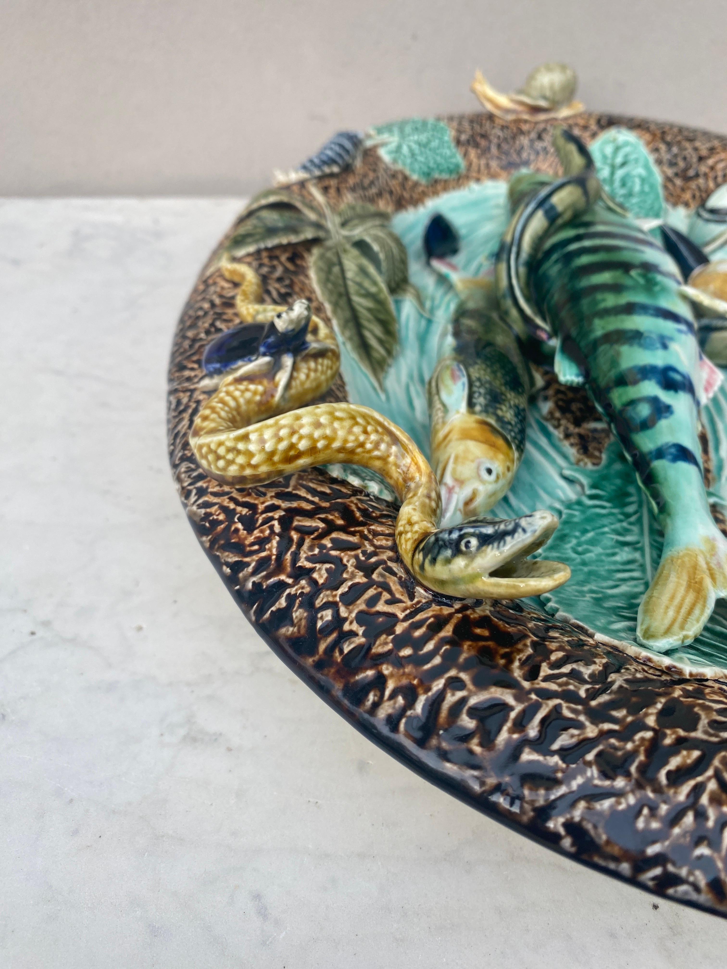 Late 19th Century 19th Century Majolica Palissy Wall Fish Platter Choisy Le Roi For Sale