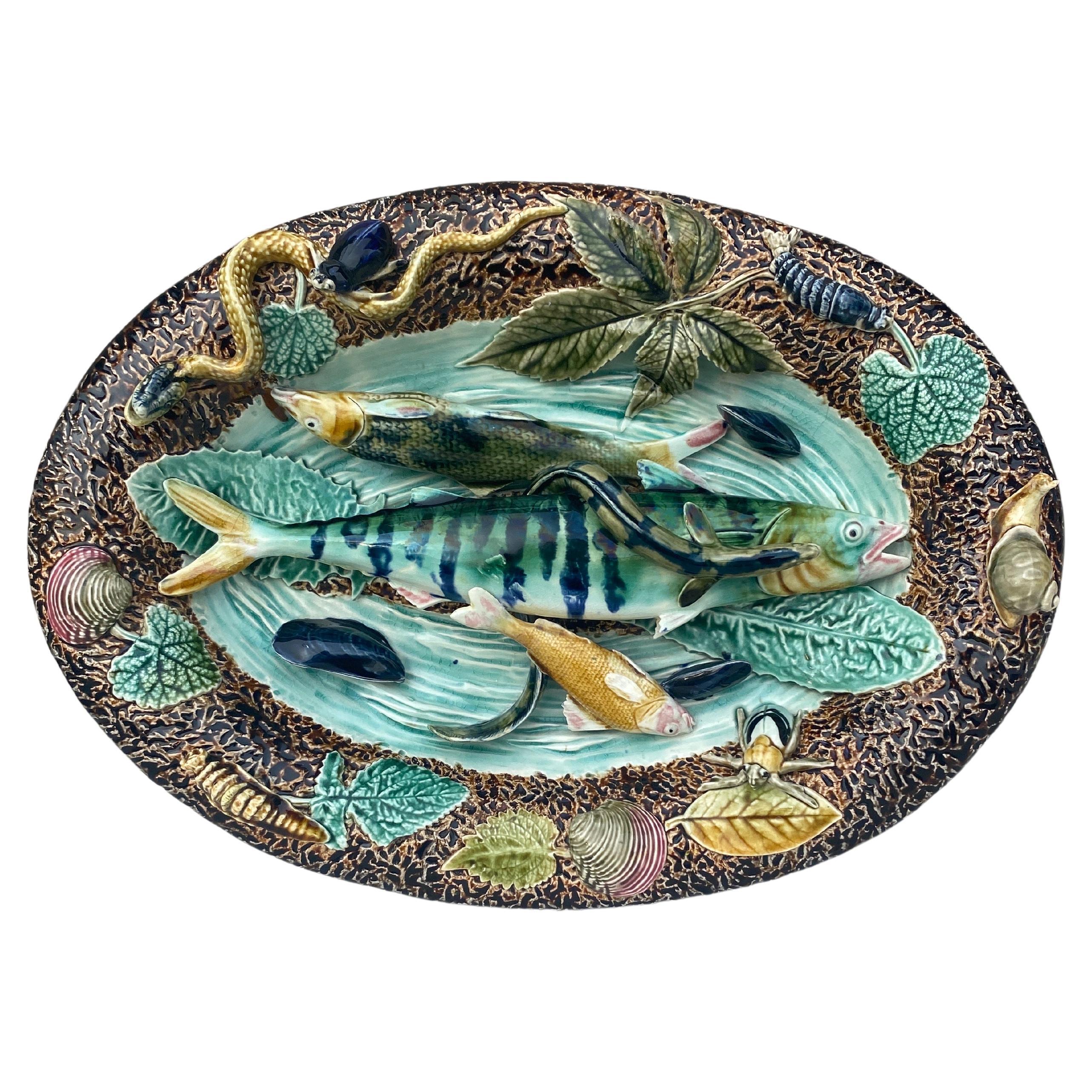 19th Century Majolica Palissy Wall Fish Platter Choisy Le Roi For Sale