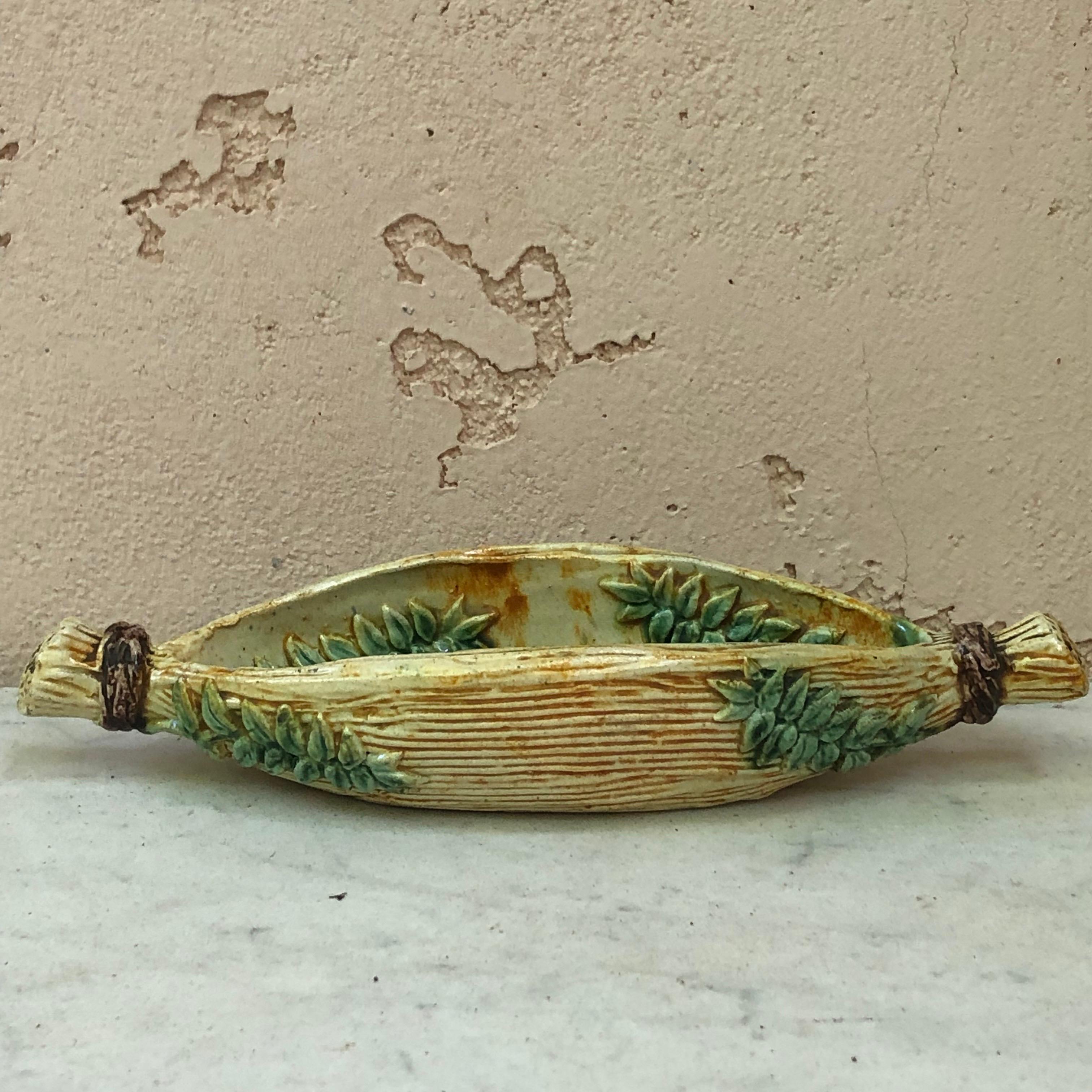 Victorian 19th Century Majolica Palissy Wicker Boat with a Fish For Sale