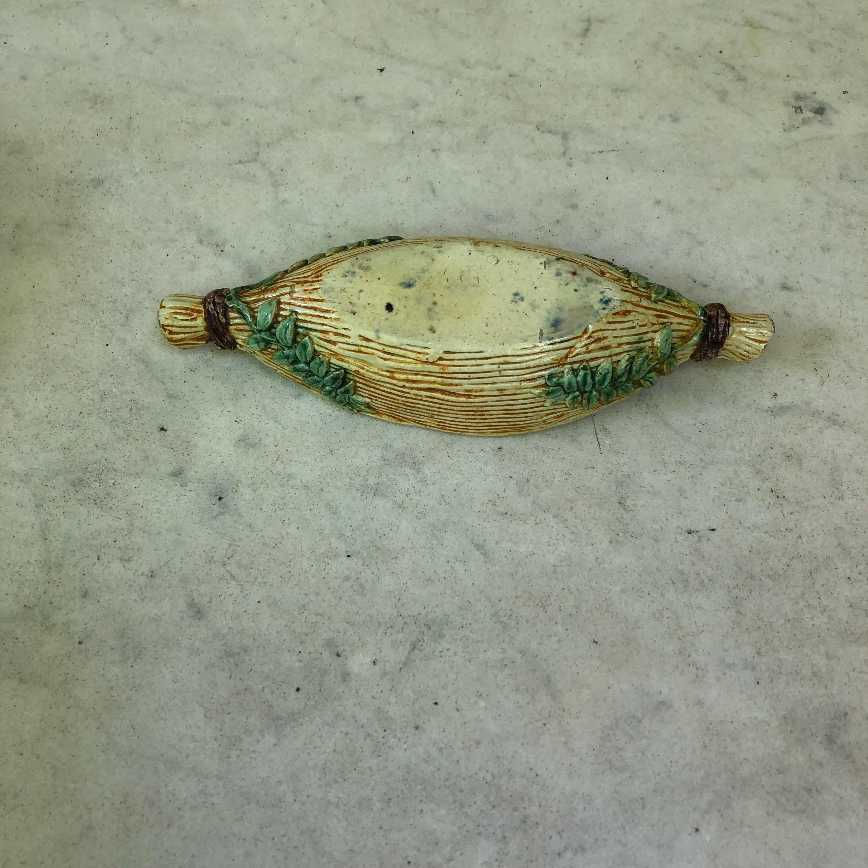 Ceramic 19th Century Majolica Palissy Wicker Boat with a Fish For Sale