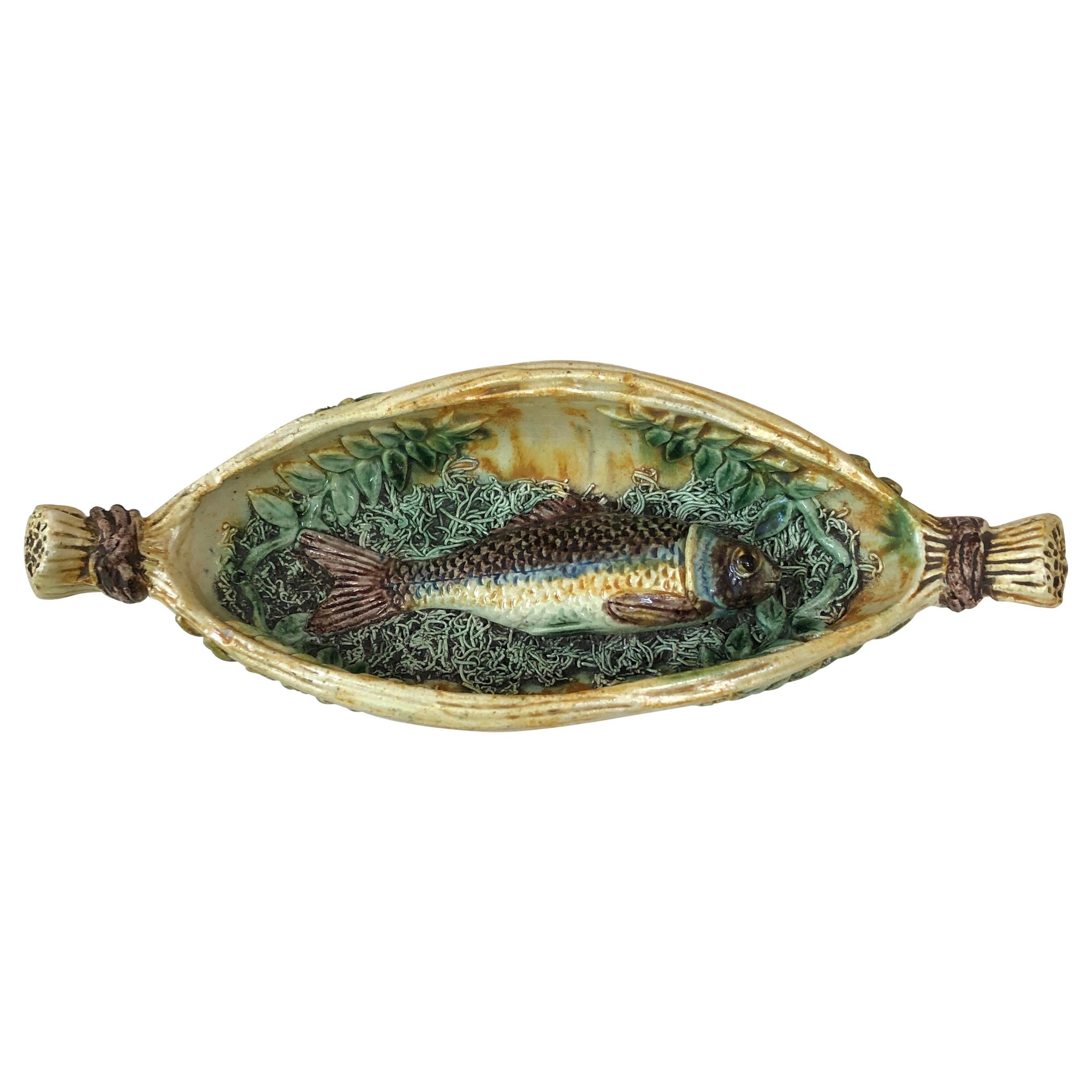 19th Century Majolica Palissy Wicker Boat with a Fish For Sale