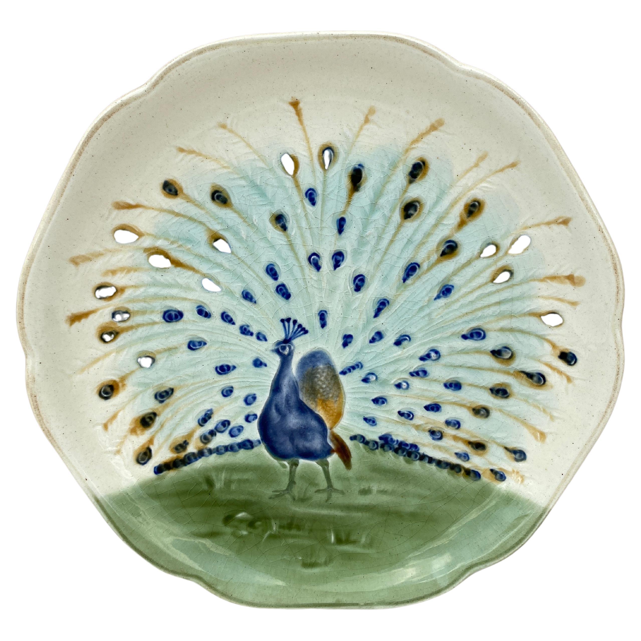 19th Century Majolica Peacock Plate Choisy Le Roi For Sale