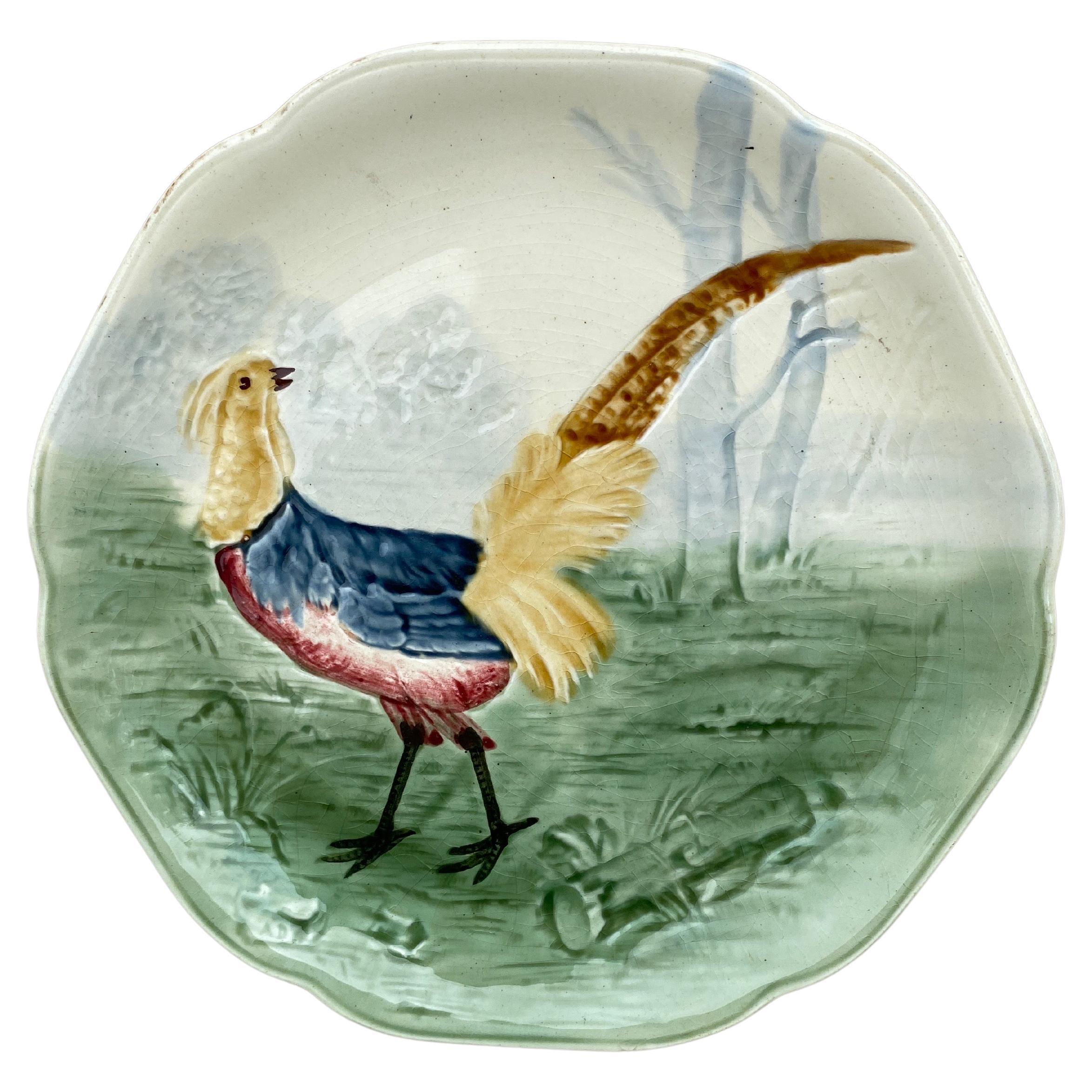 19th Century Majolica Pheasant Plate Choisy Le Roi In Good Condition For Sale In Austin, TX