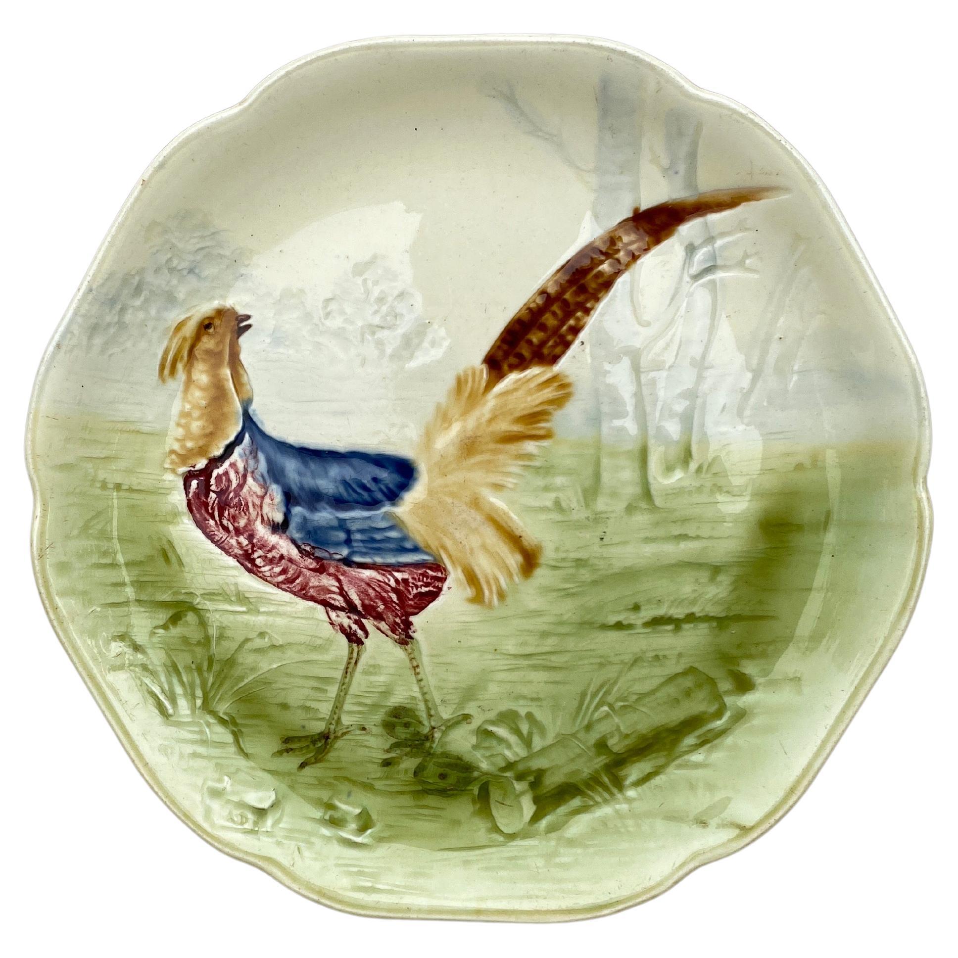 19th Century Majolica Pheasant Plate Choisy Le Roi For Sale