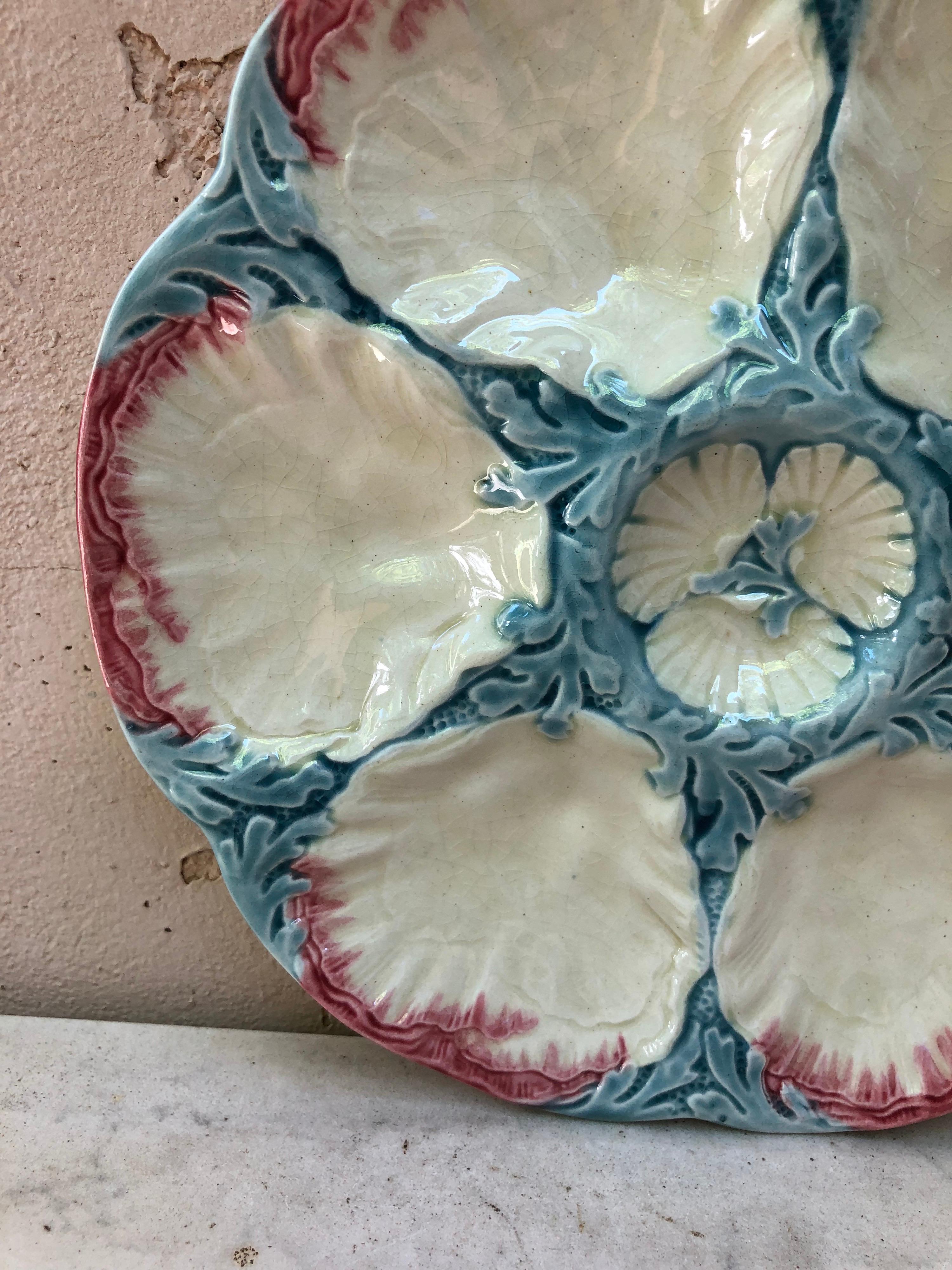 Rare 19th century Majolica oyster plate with pastels colors, shells and seaweeds signed Gien.
 