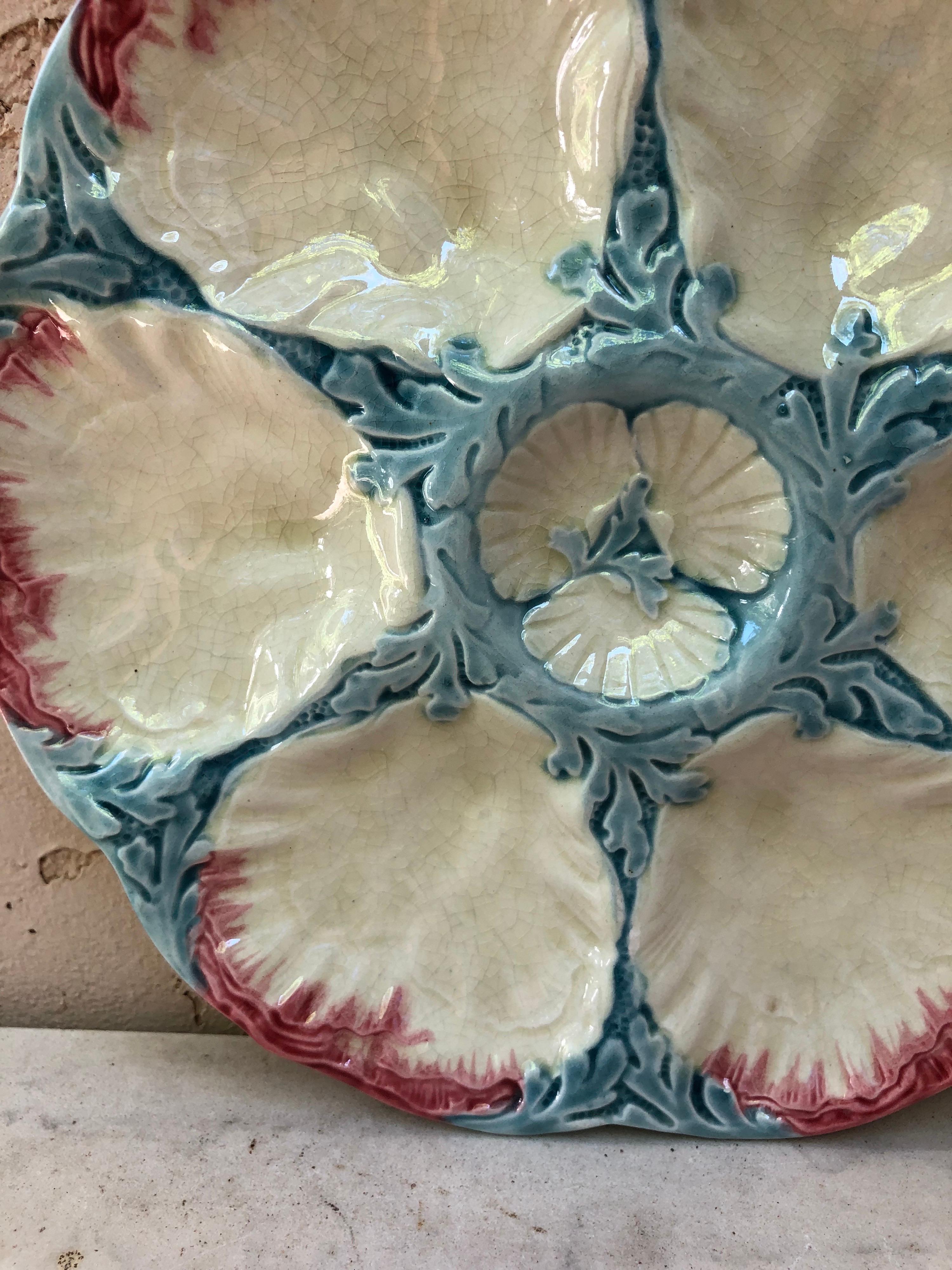 Aesthetic Movement 19th Century Majolica Pink and Blue Oyster Plate Gien For Sale