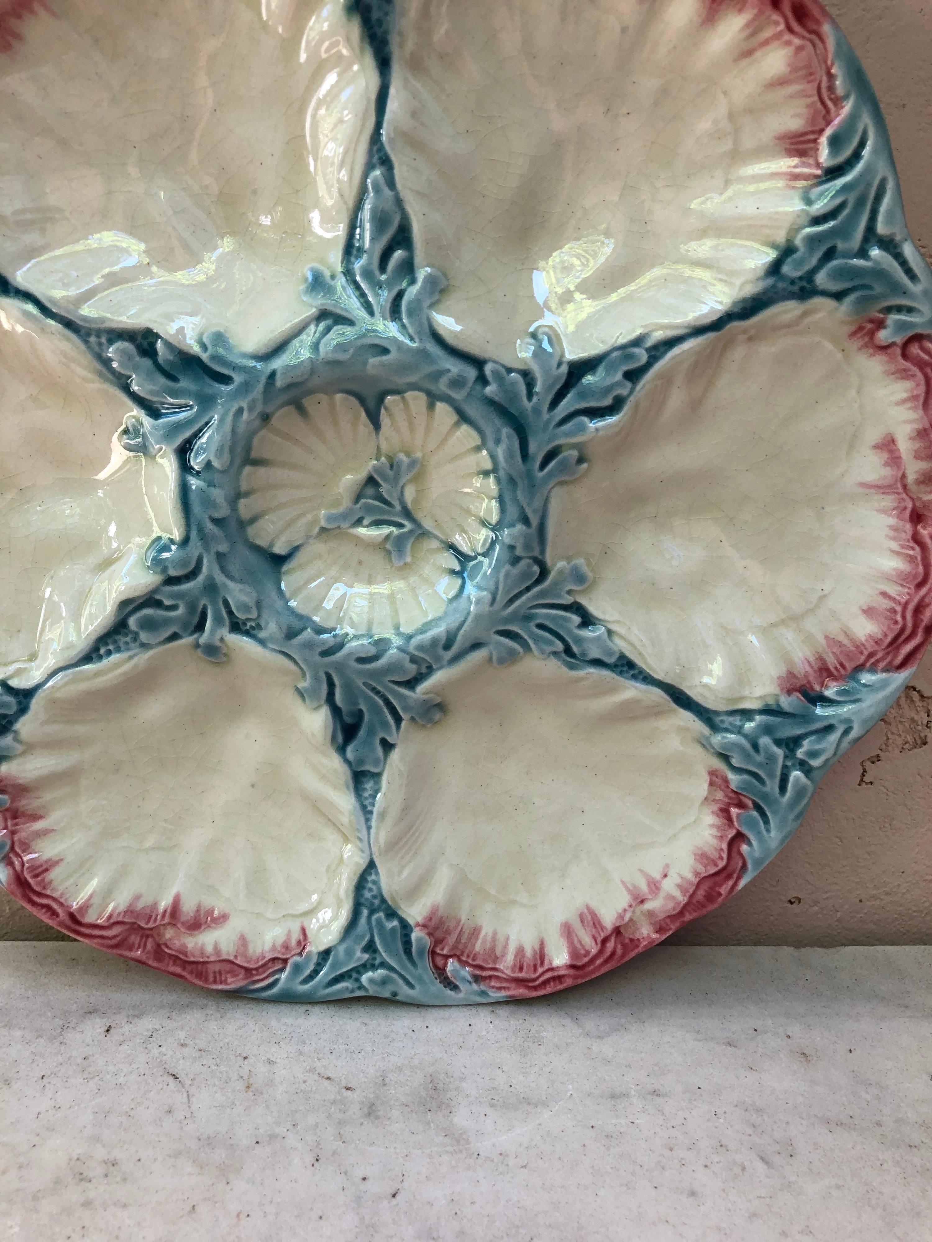 Aesthetic Movement 19th Century Majolica Pink and Blue Oyster Plate Gien