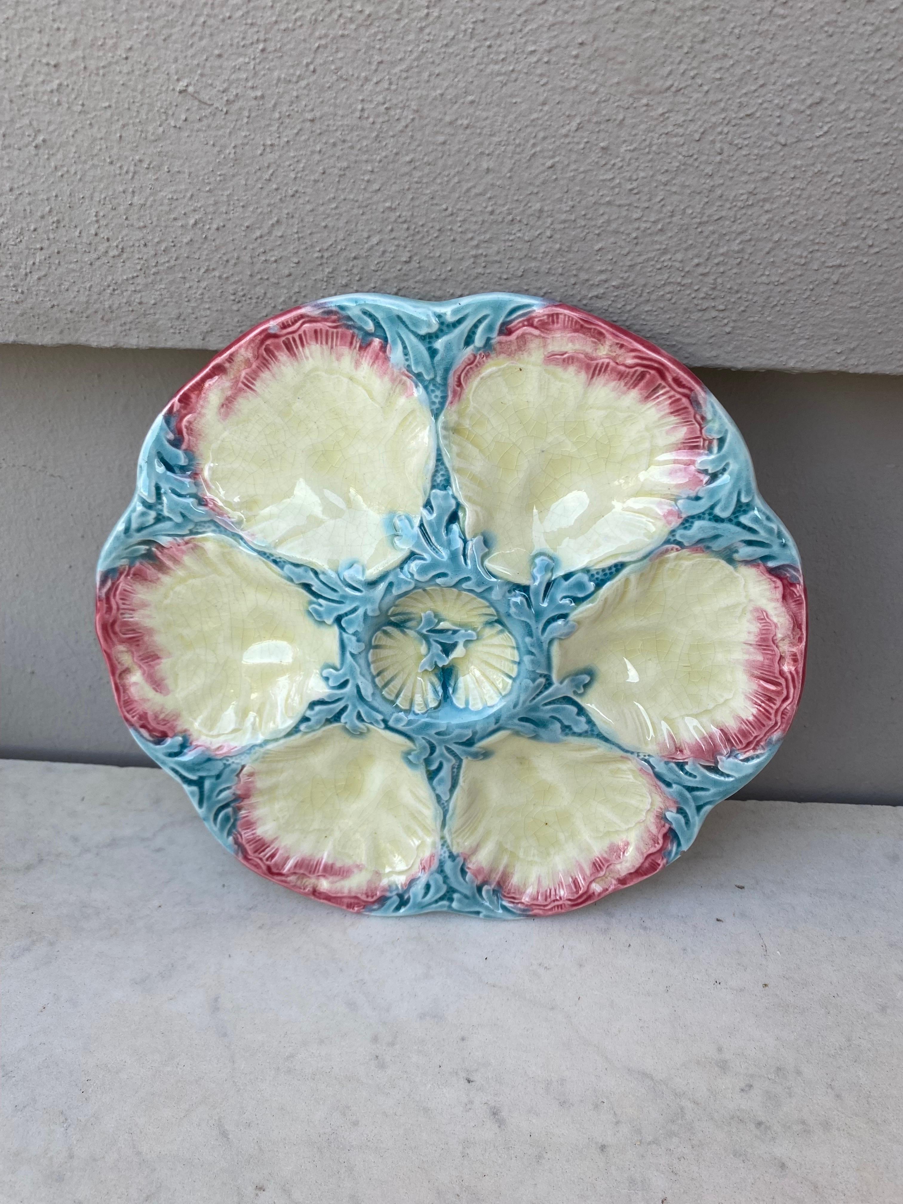Aesthetic Movement 19th Century Majolica Pink and Blue Oyster Plate Gien For Sale