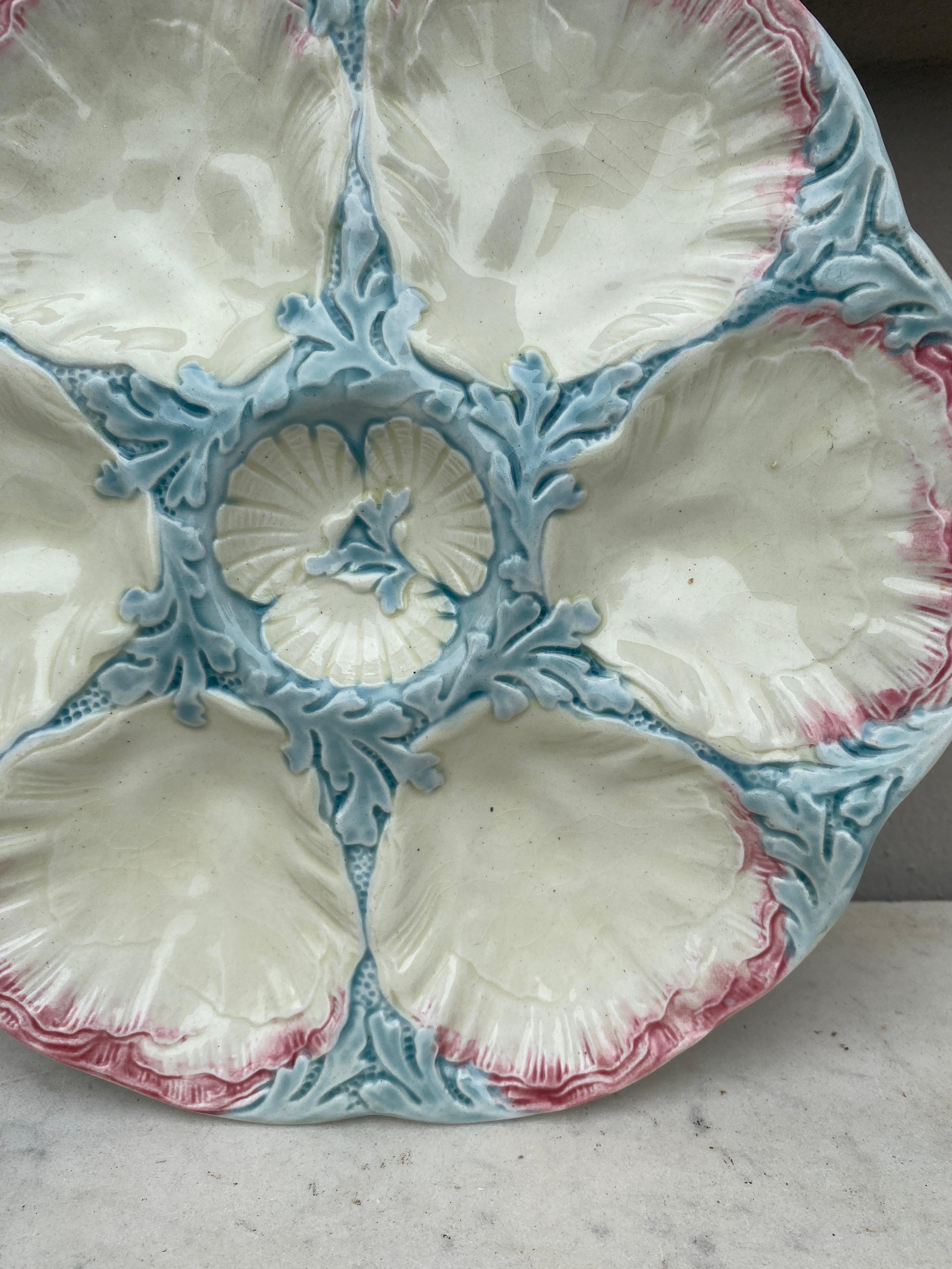 French 19th Century Majolica Pink & Blue Oyster Plate Gien For Sale