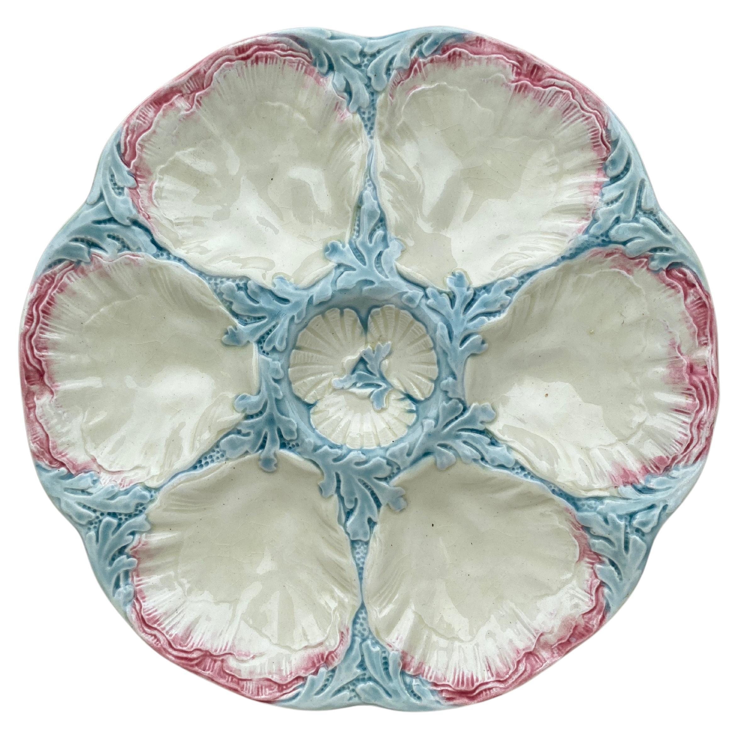 Austernteller aus Majolika des 19. Jahrhunderts in Rosa und Blau von Gien