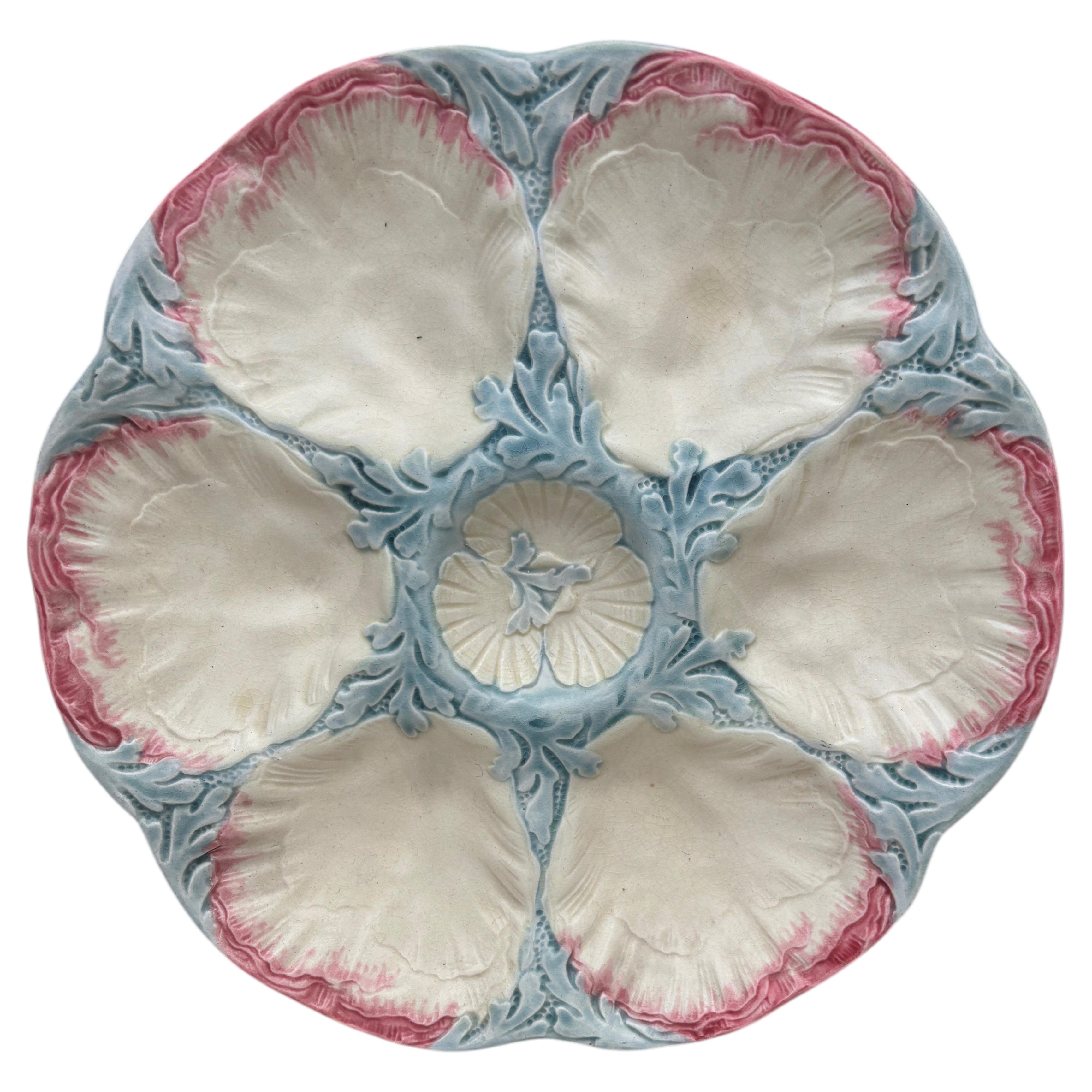 19th Century Majolica Pink & Blue Oyster Plate Gien