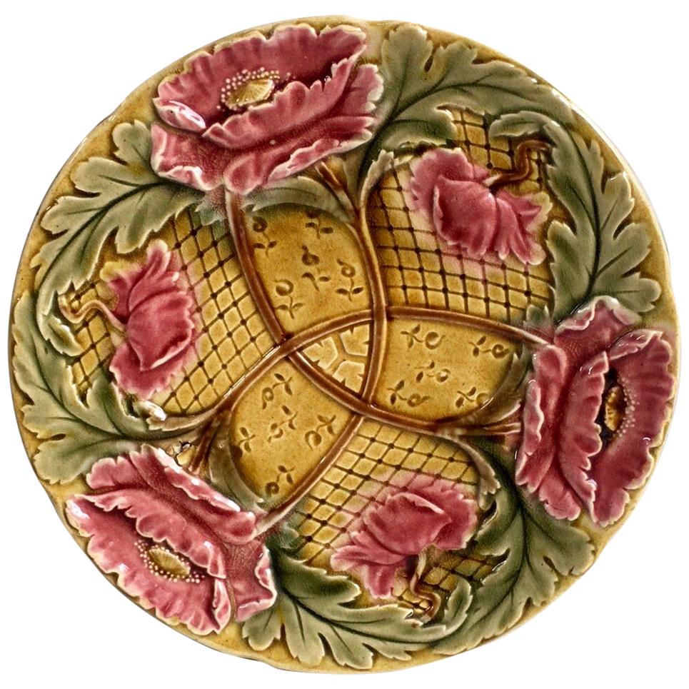 19th Century Majolica Pink Flowers Plate Onnaing