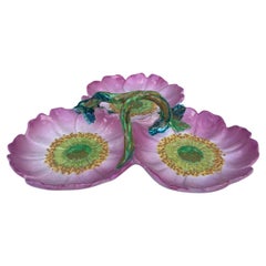 19th Century Majolica Pink Wild Rose Handled Platter Massier