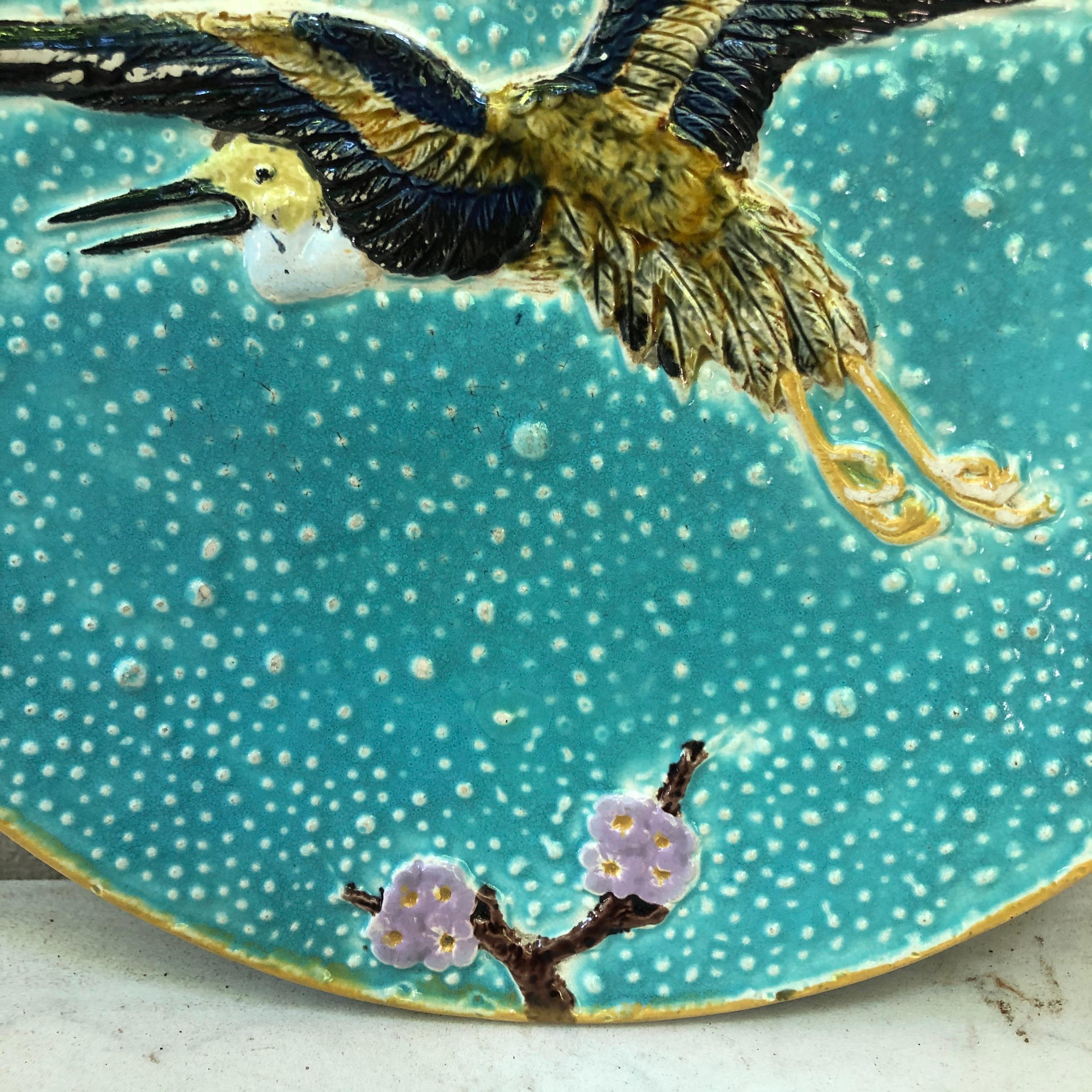 French 19th Century Majolica Plate with Crane Flying Joseph Holcroft