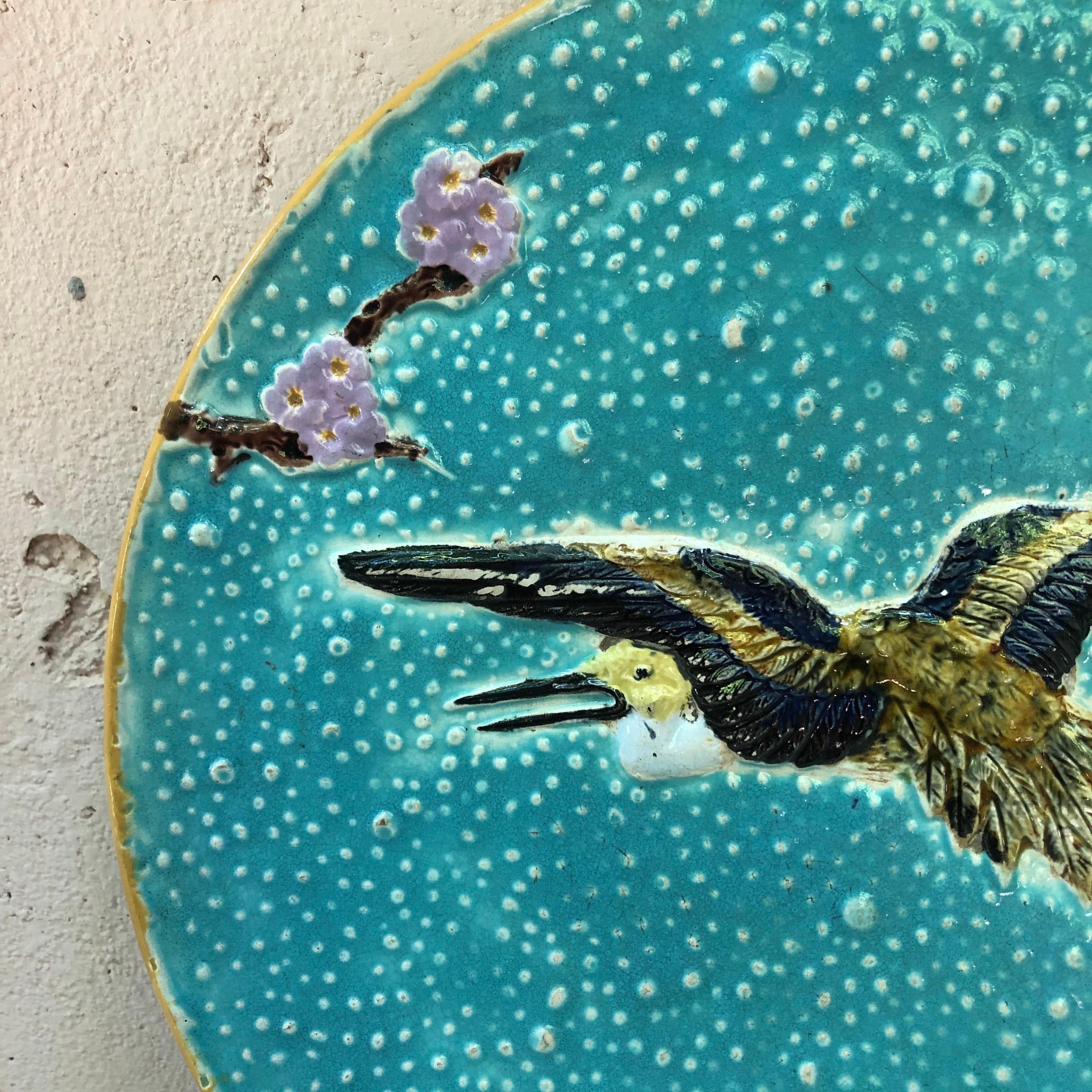 19th Century Majolica Plate with Crane Flying Joseph Holcroft In Good Condition In Austin, TX