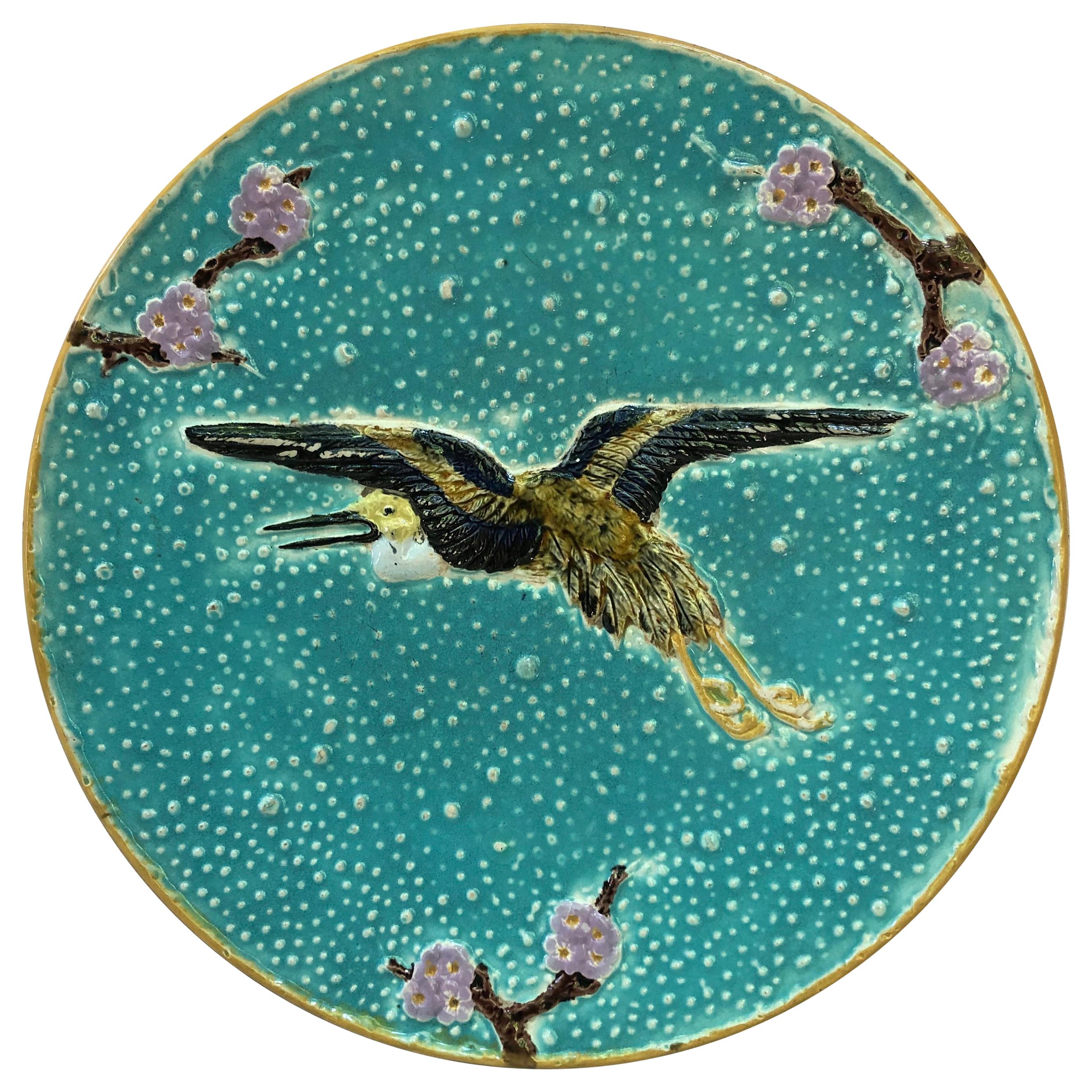 19th Century Majolica Plate with Crane Flying Joseph Holcroft