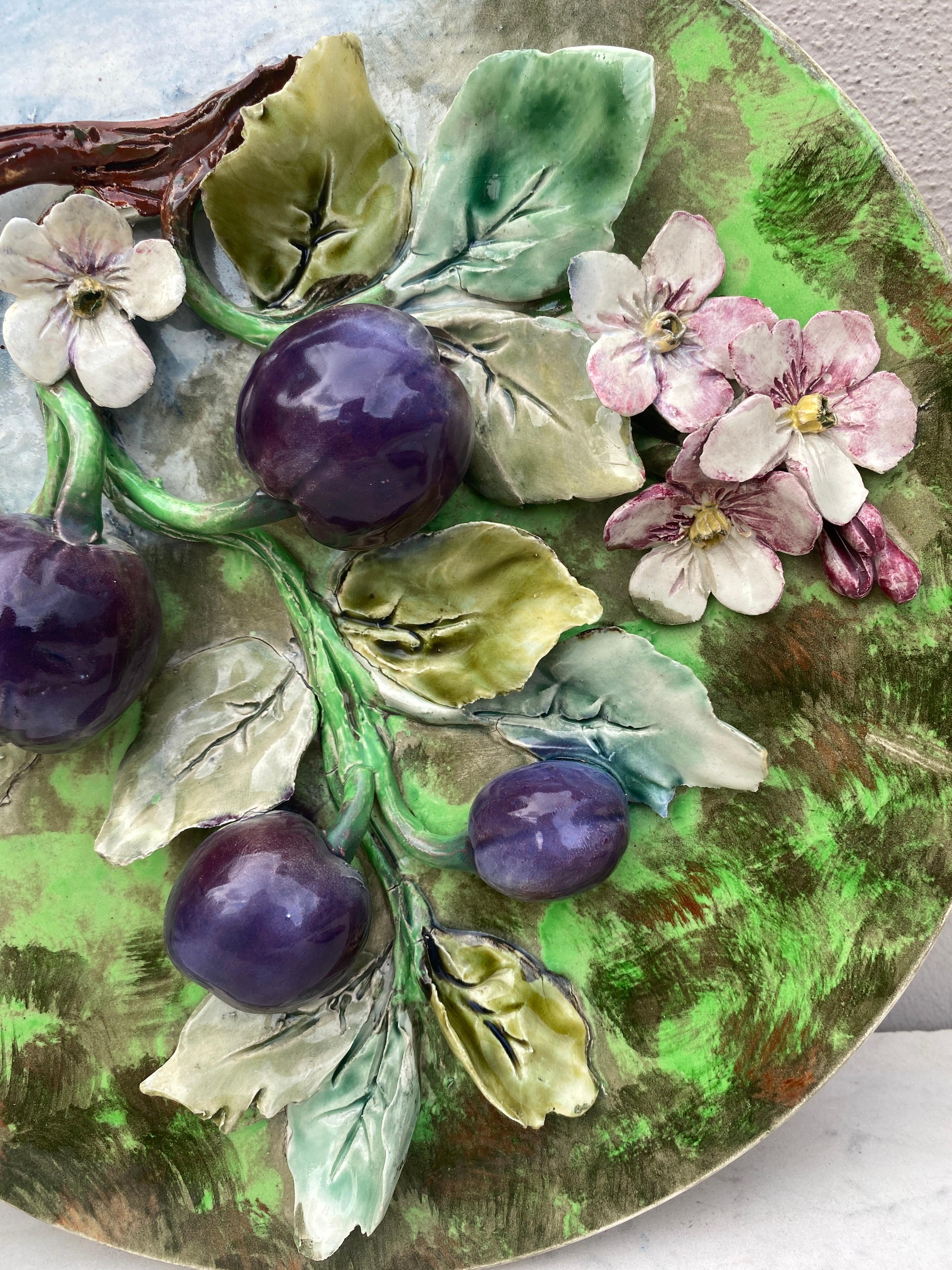 Country 19th Century Majolica Plums Wall Platter Longchamp For Sale