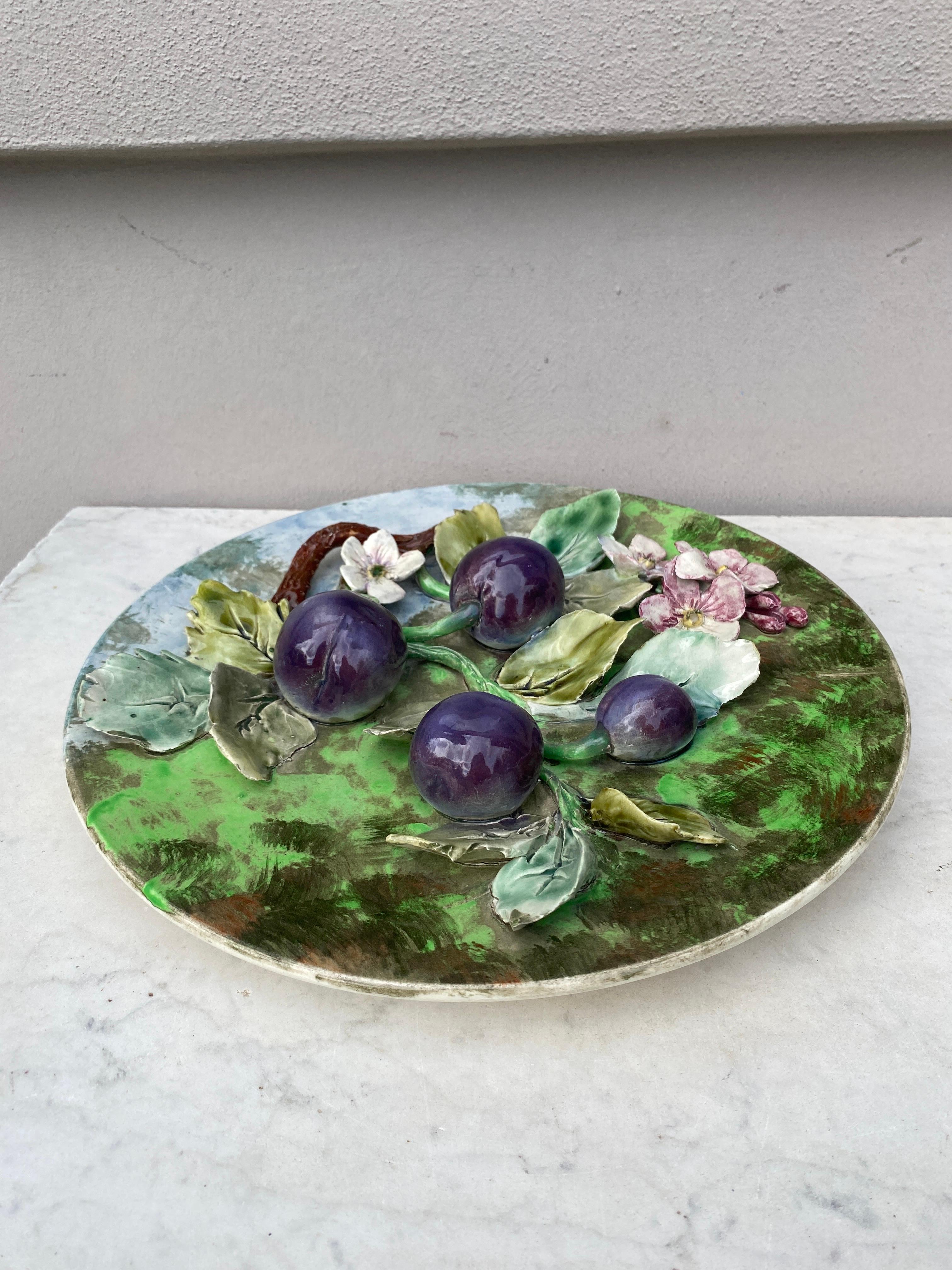 French 19th Century Majolica Plums Wall Platter Longchamp For Sale