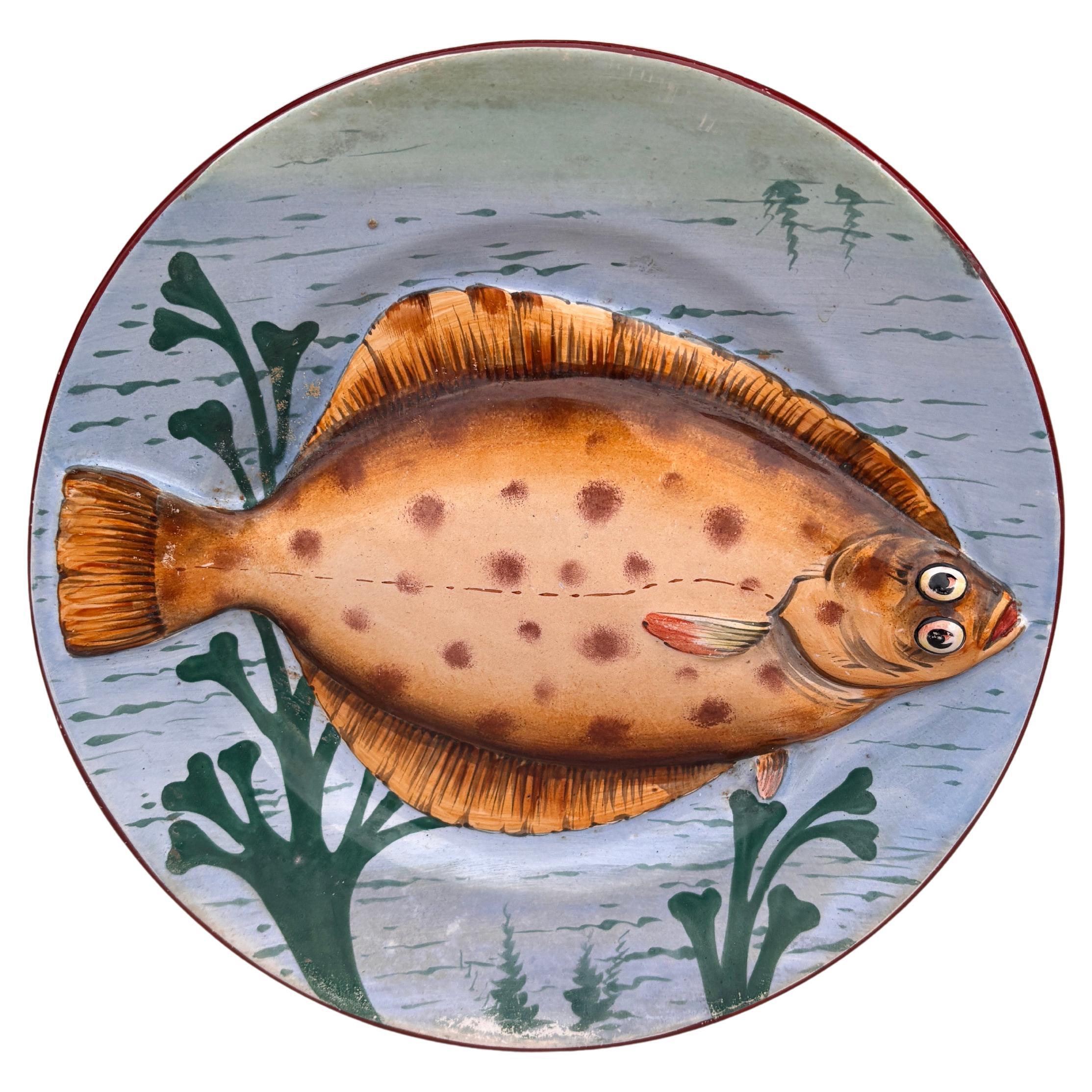 19th Century Majolica Palissy Porcelain Flounder Fish Wall Platter