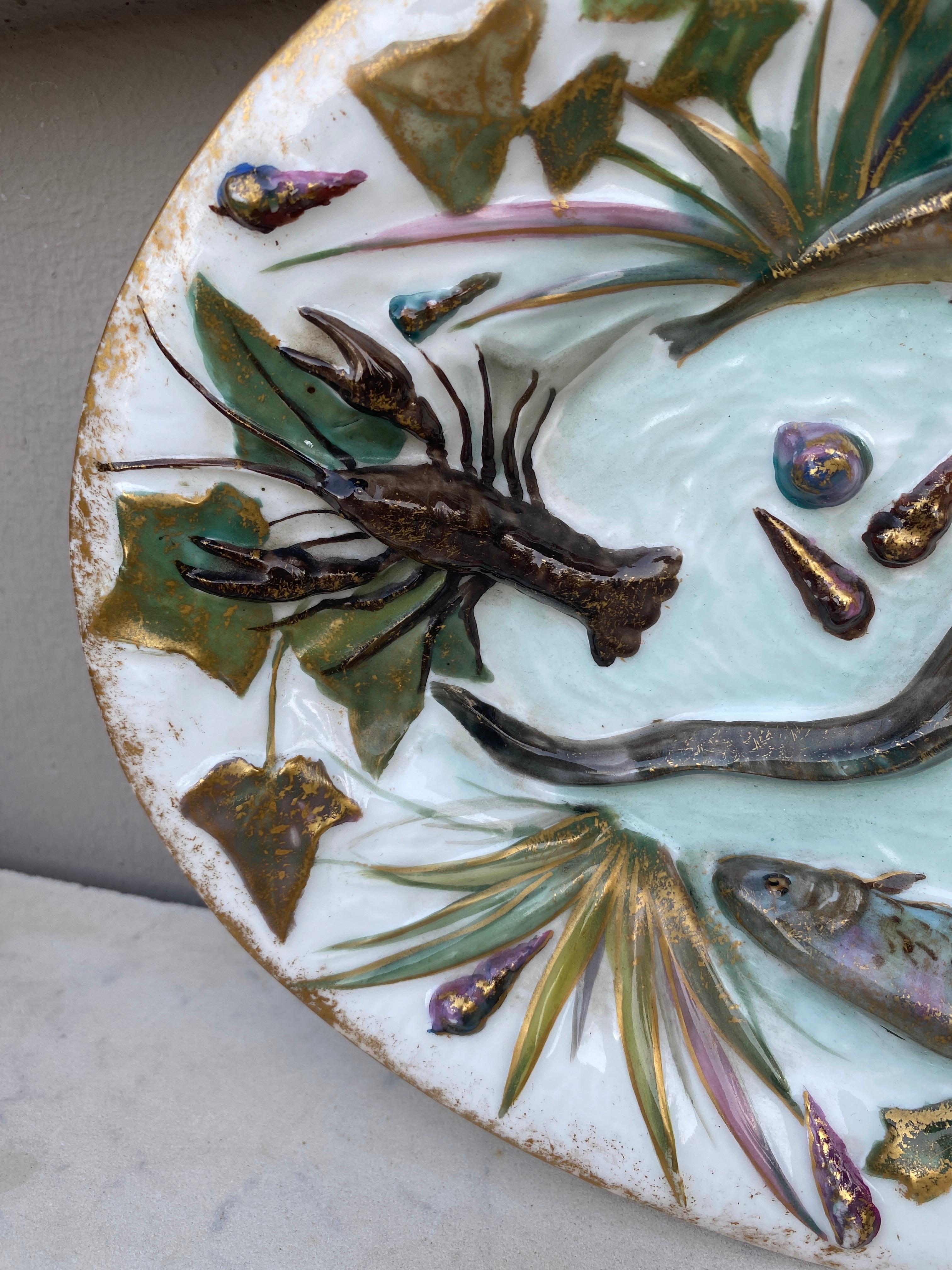 Seltenes 19. Jahrhundert  Porzellan-Palissy-Teller mit Fischen, Aalen, Muscheln, Langusten und  Efeublätter.