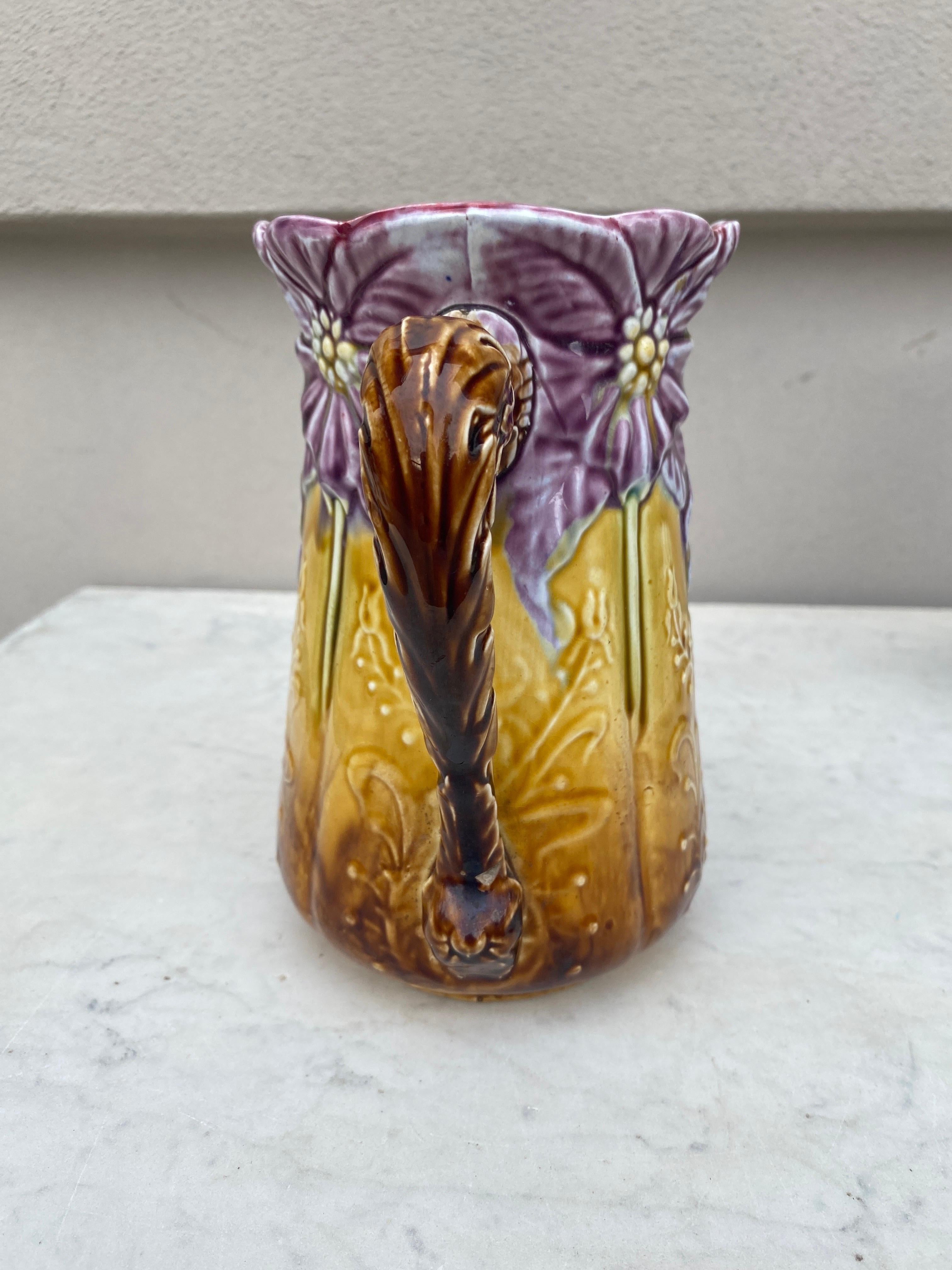 19th Century Majolica purple flowers Pitcher signed Onnaing.