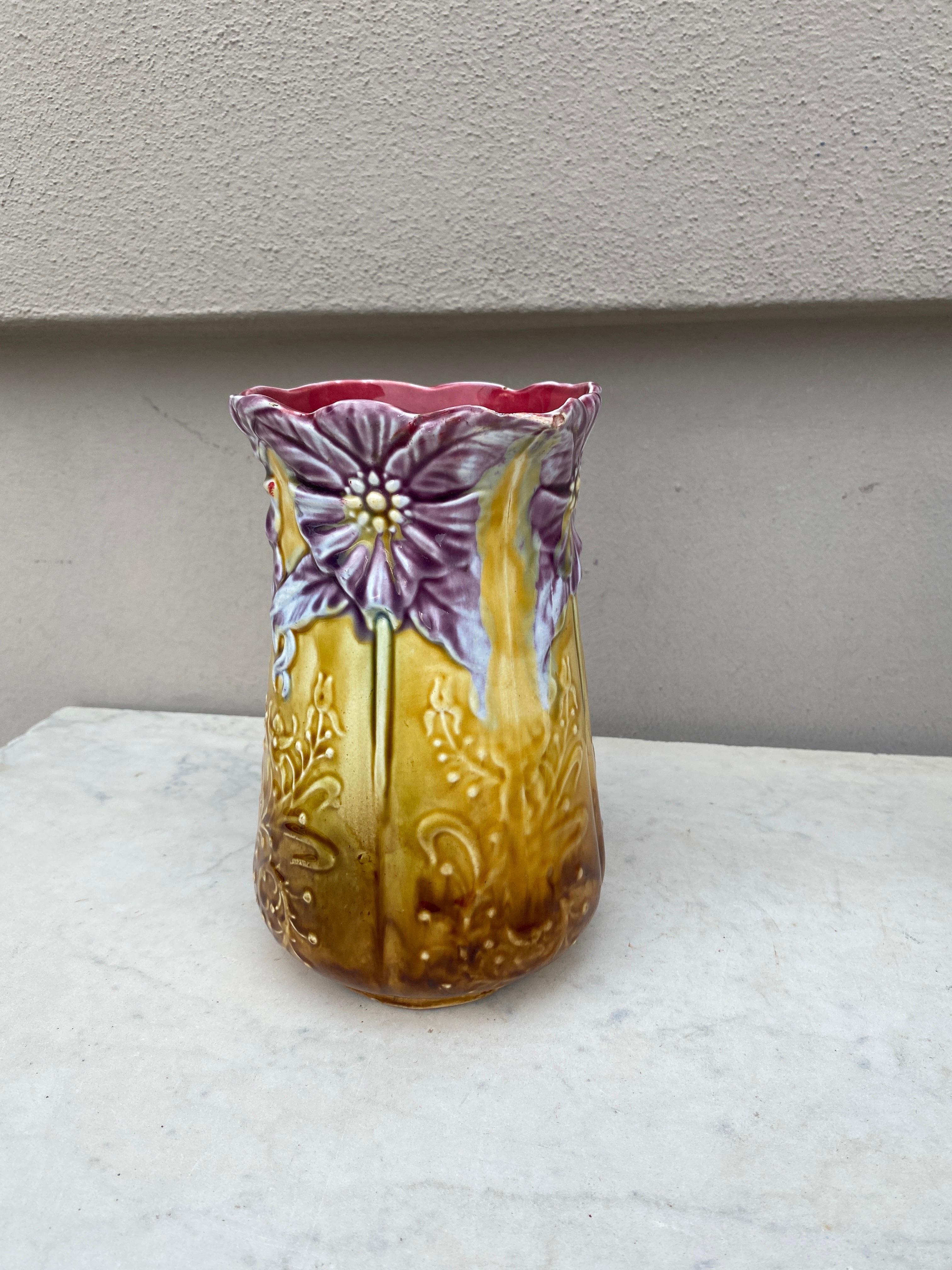 French 19th Century Majolica Purple Flower Pitcher Onnaing For Sale