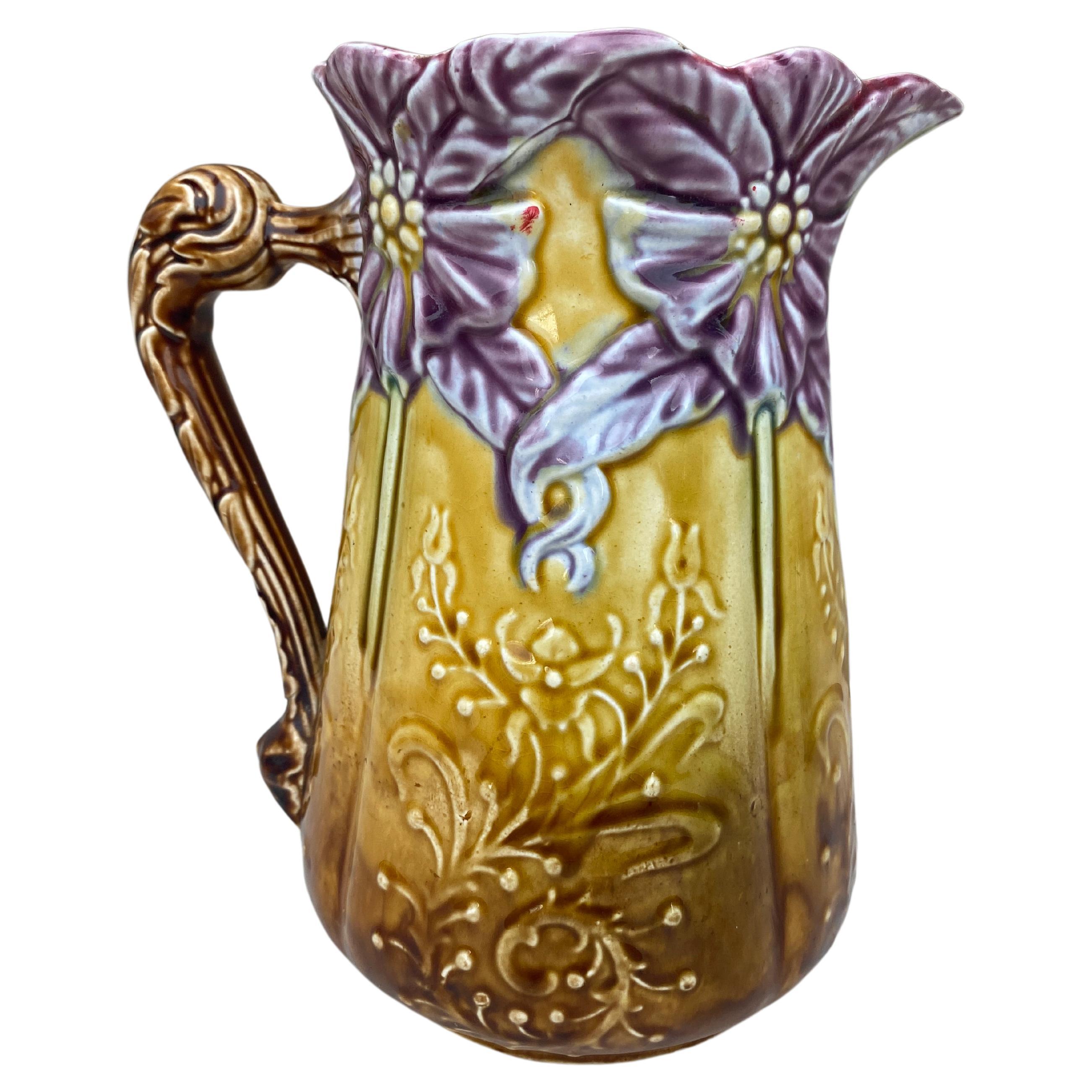 19th Century Majolica Purple Flower Pitcher Onnaing For Sale