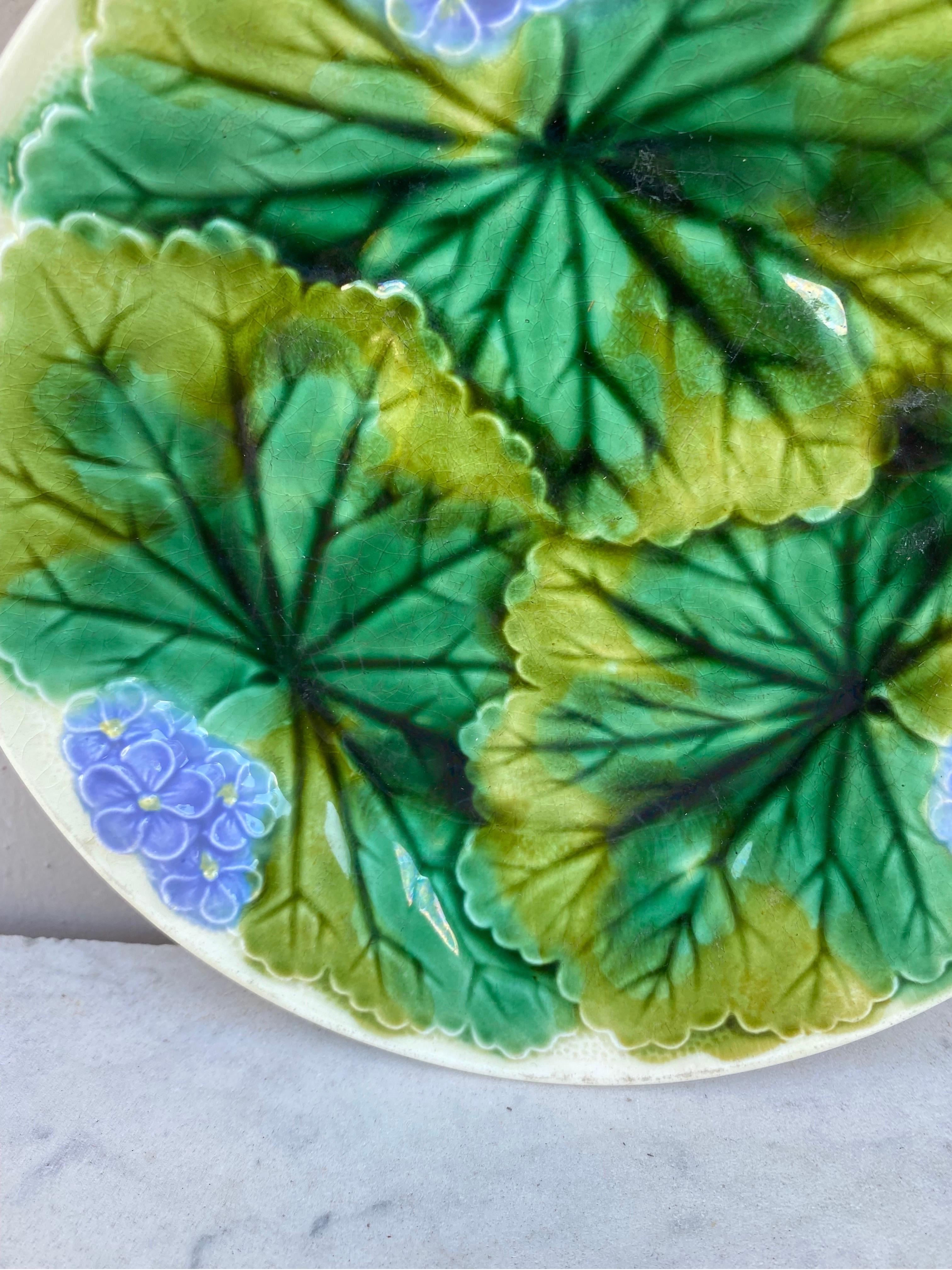 Rustic 19th Century Majolica Purple Flowers Plate Clairefontaine For Sale