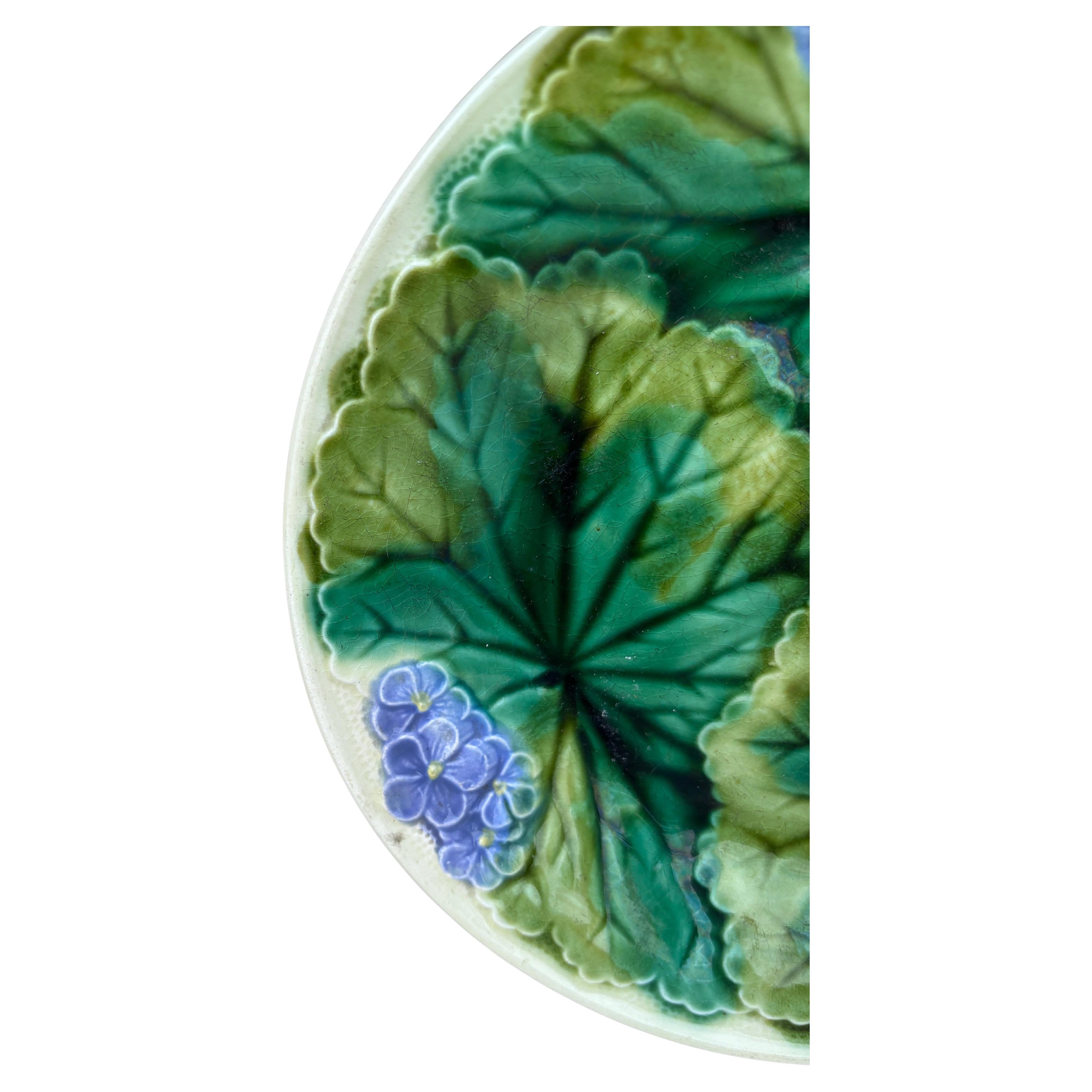 Rustico 19th Century Majolica Purple Flowers Plate Clairefontaine in vendita
