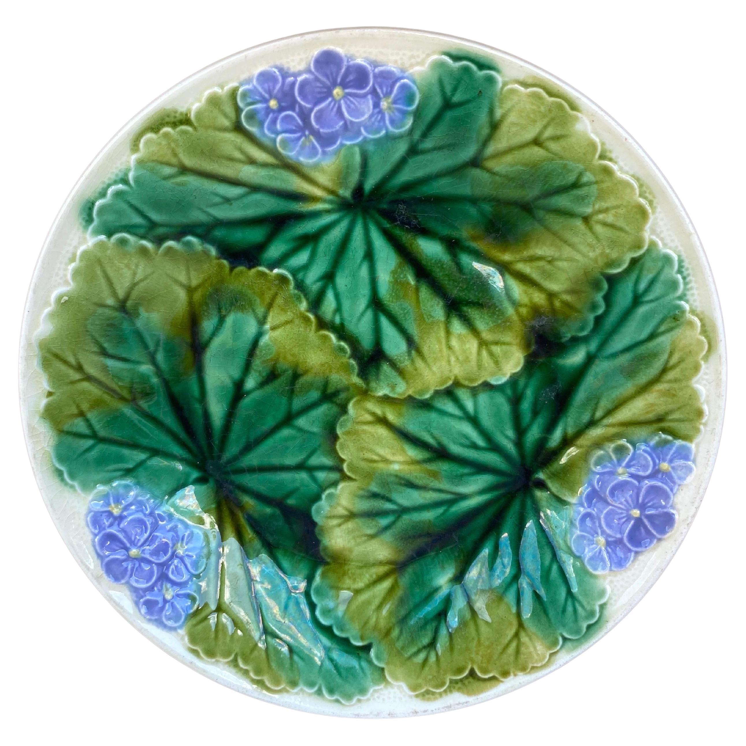 19th Century Majolica Purple Flowers Plate Clairefontaine For Sale