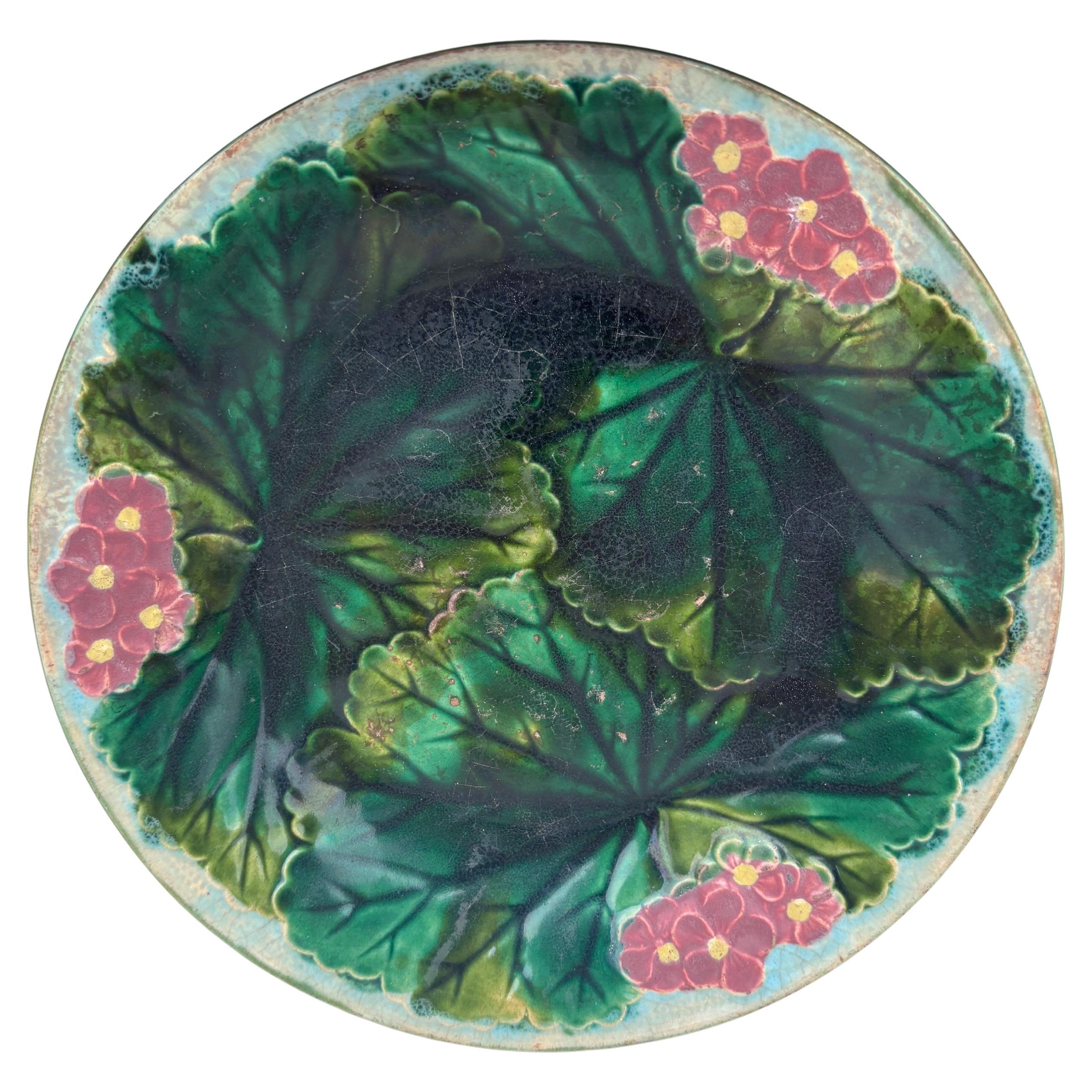 19th Century Majolica Purple Flowers Plate Clairefontaine For Sale