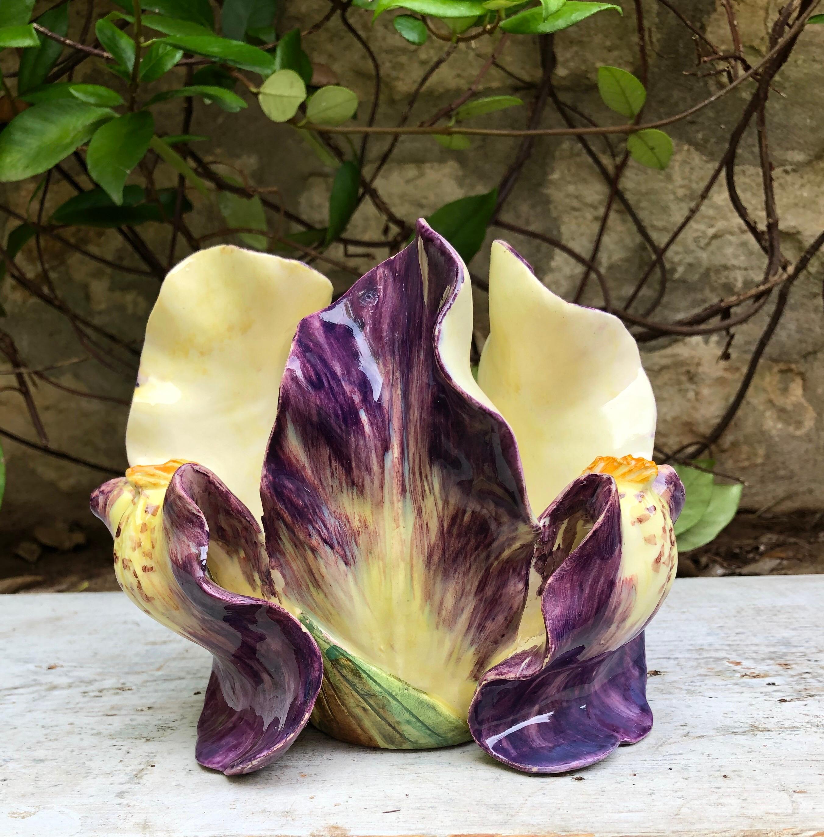 Art Nouveau 19th Century Majolica Purple Iris Cache Pot Delphin Massier