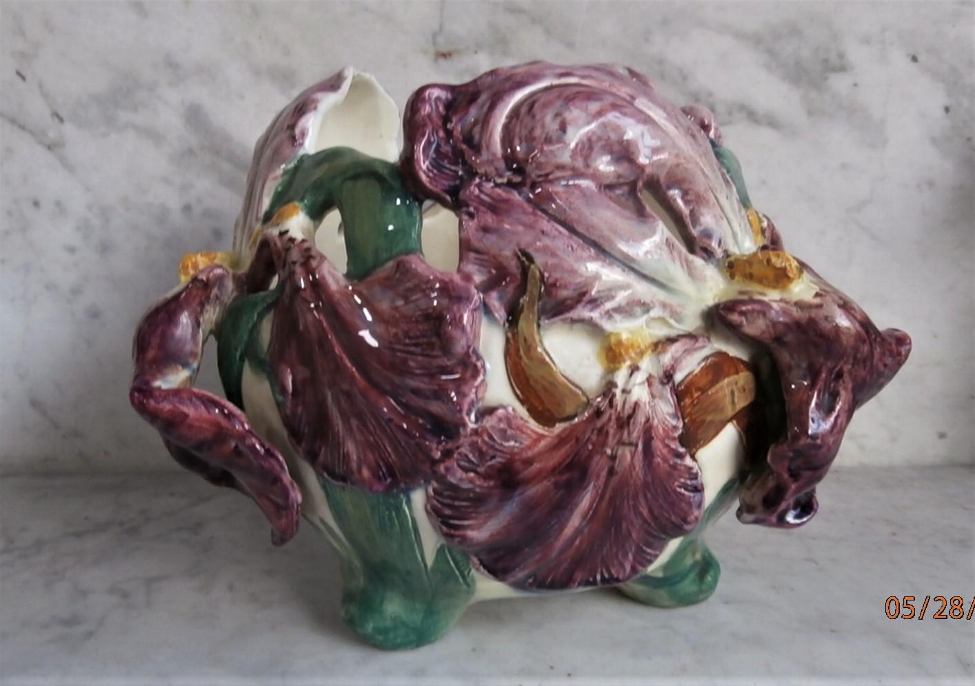 19th Century Majolica Purple Iris Cache Pot Delphin Massier In Good Condition For Sale In Austin, TX