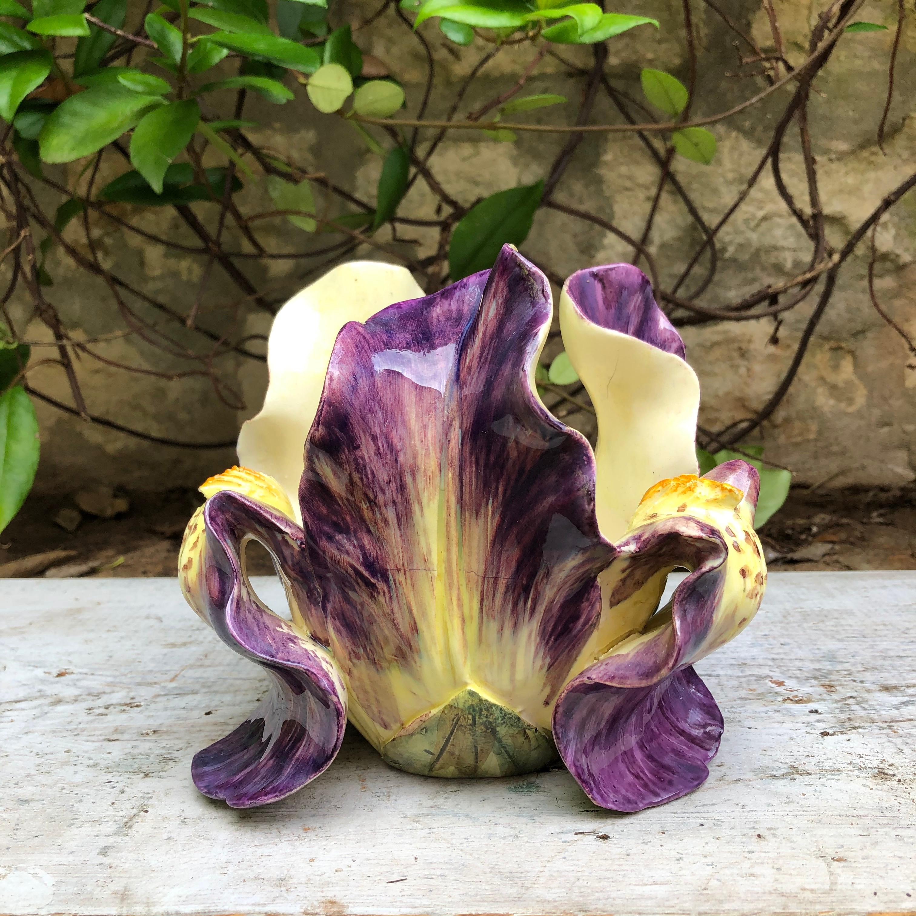 19th Century Majolica Purple Iris Cache Pot Delphin Massier In Good Condition In Austin, TX