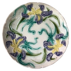 19th Century Majolica Purple Iris Plate Onnaing