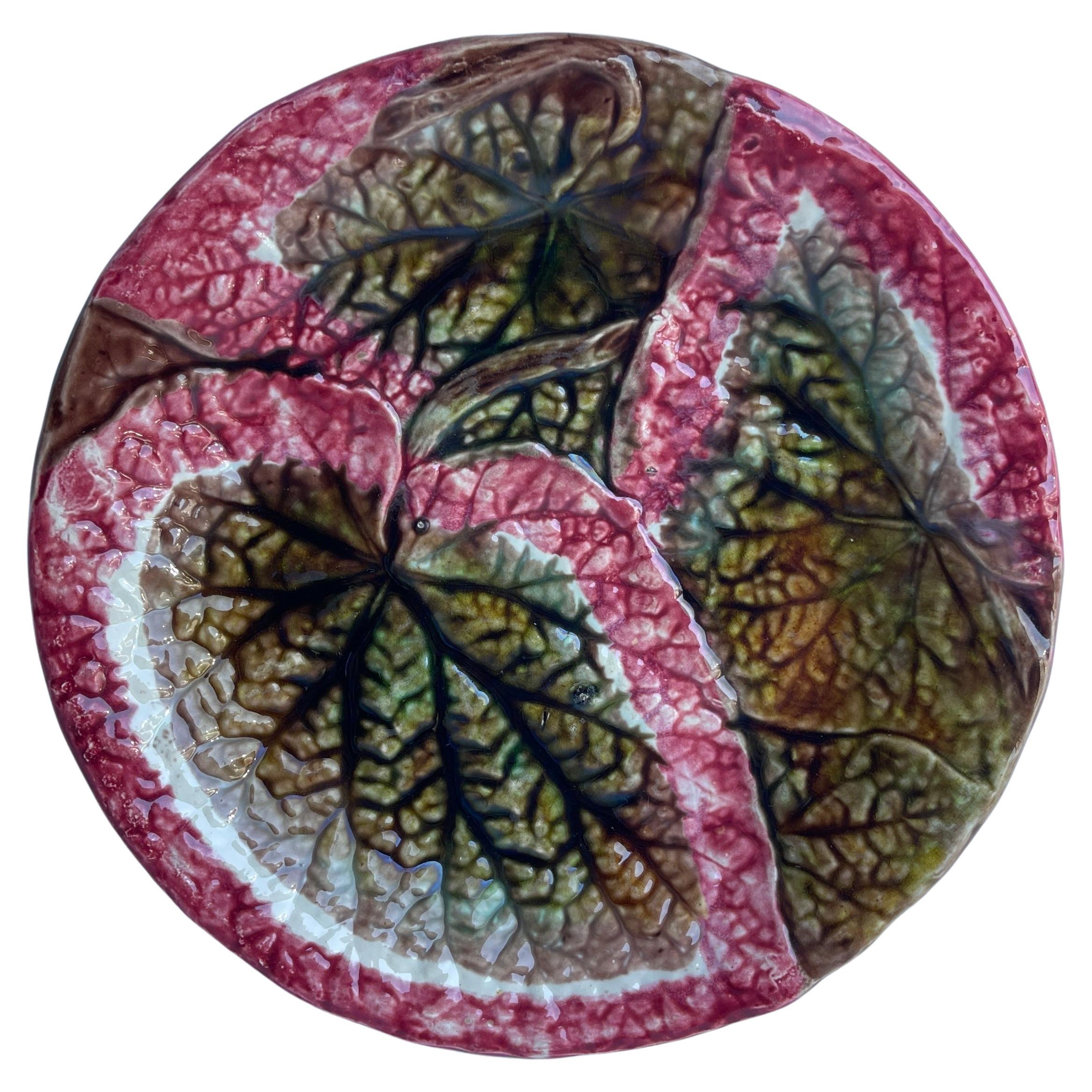 Assiette à feuilles de bégonia rouge et verte en majolique du 19ème siècle, Angleterre en vente
