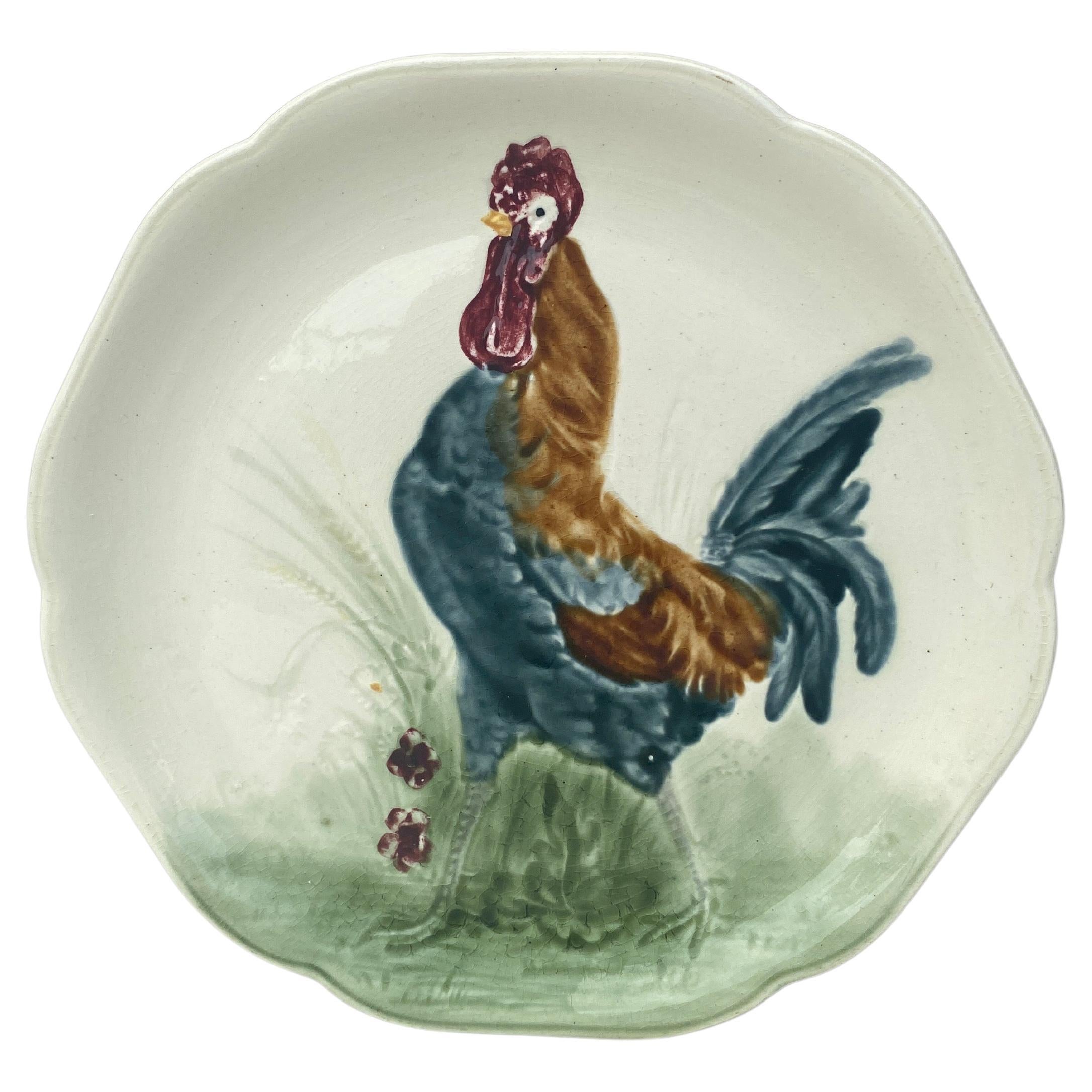 19th Century Majolica Rooster Plate Choisy Le Roi For Sale