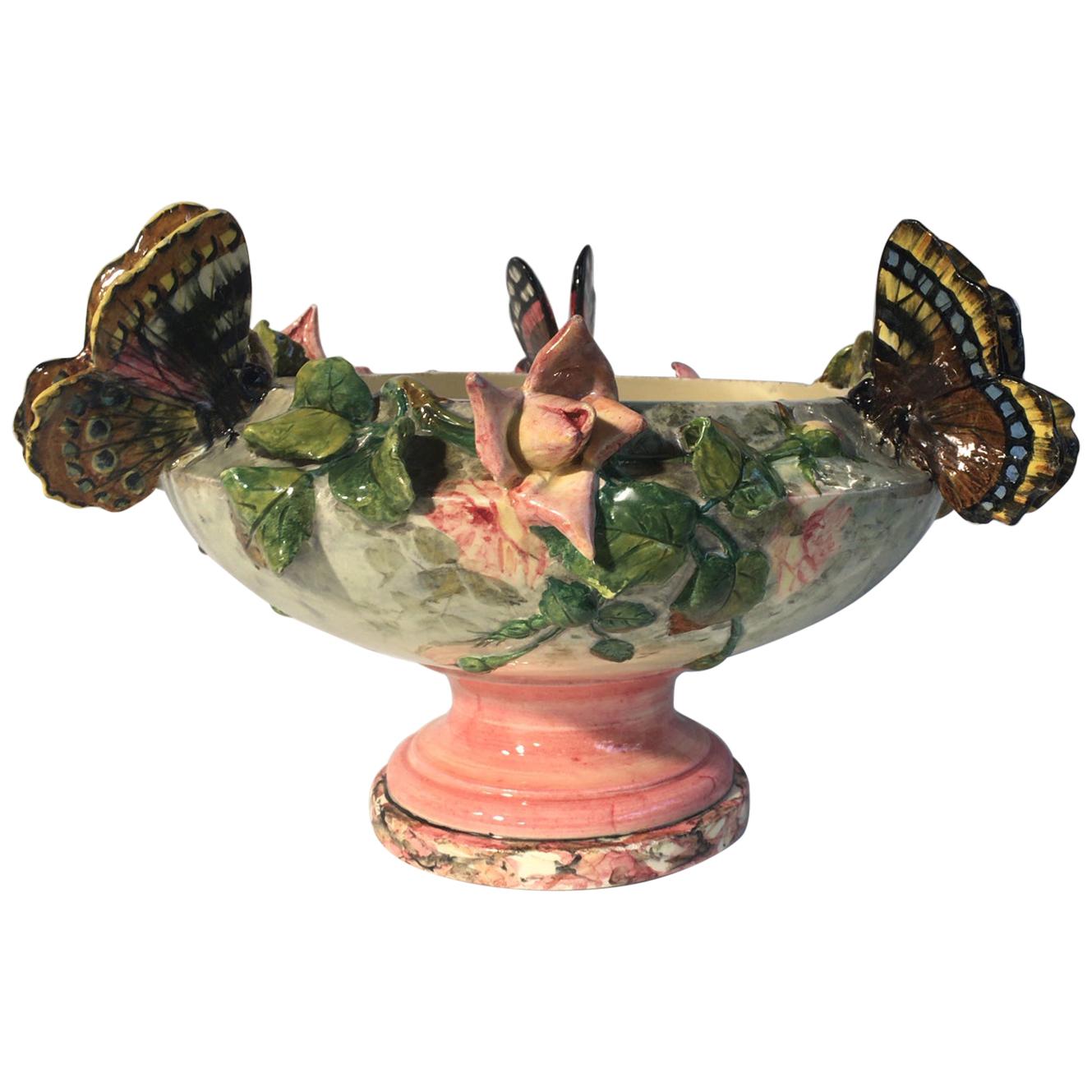 Art Nouveau 19th Century Majolica Roses and Butterfly Jardinière Delphin Massier For Sale