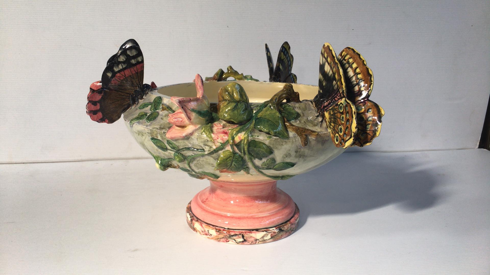 French 19th Century Majolica Roses and Butterfly Jardinière Delphin Massier For Sale