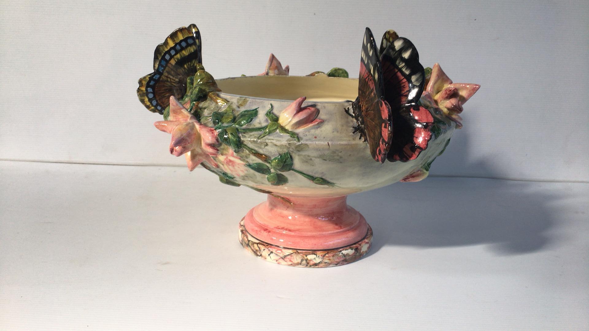 19th Century Majolica Roses and Butterfly Jardinière Delphin Massier In Good Condition For Sale In Austin, TX