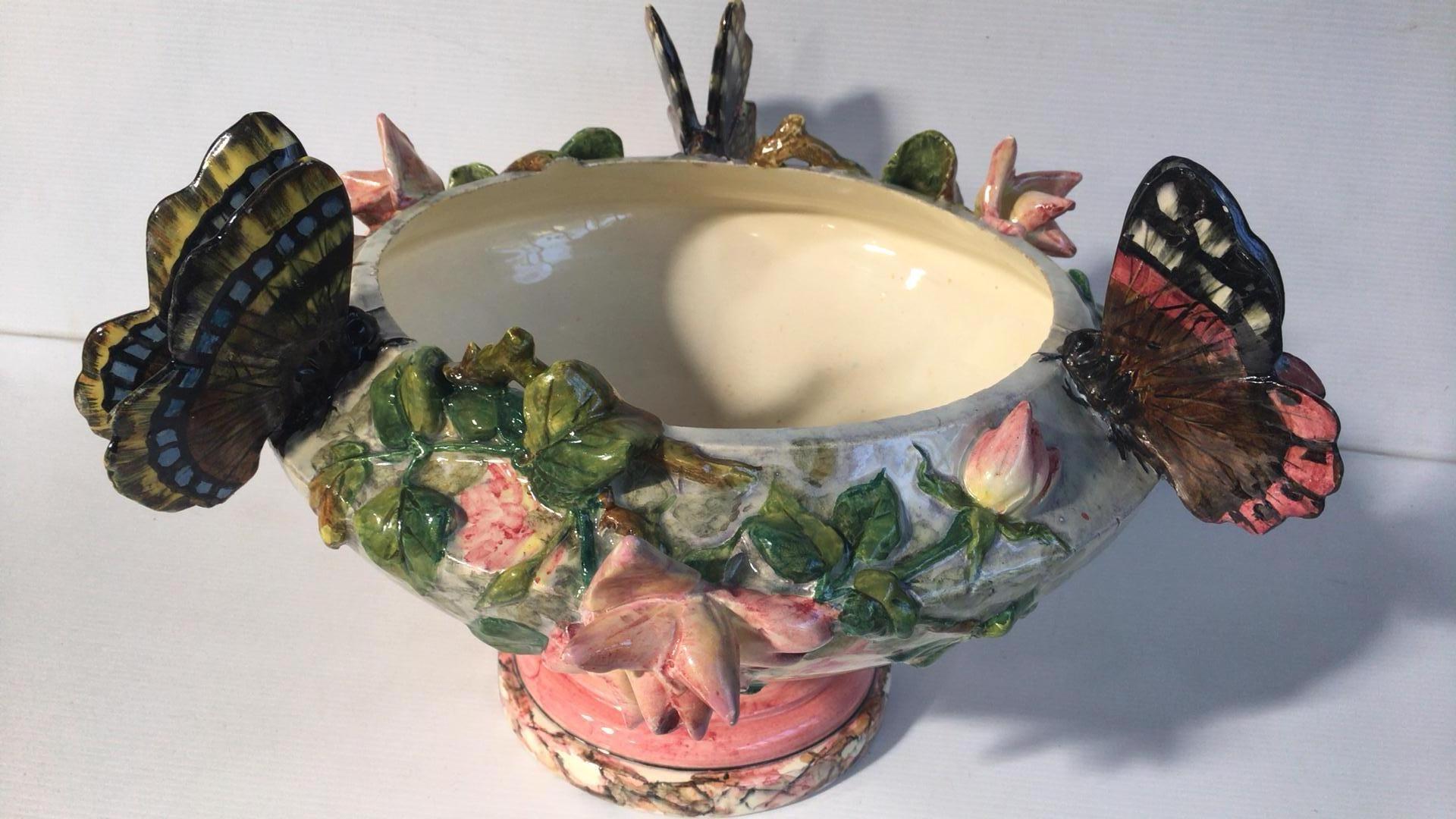 Late 19th Century 19th Century Majolica Roses and Butterfly Jardinière Delphin Massier For Sale